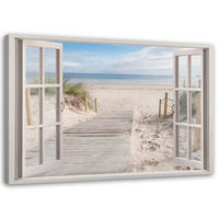 BILD AUF LEINWAND Fensterblick Strand Meer Landschaft - Beige, Textil (90/60cm) - Feeby