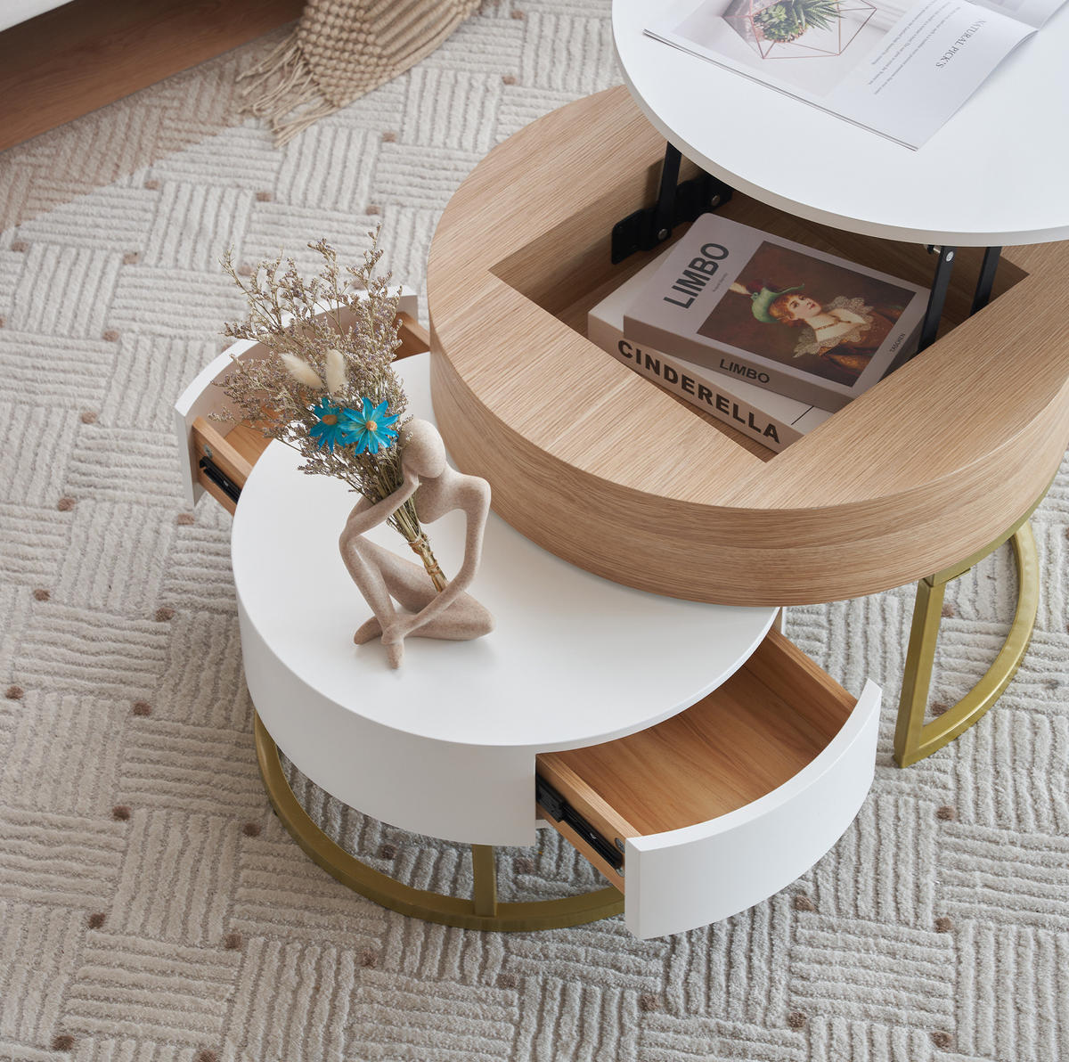 COUCHTISCH-SET 70/70/56 und 60/60/27 cm in Weiß mit Holzoptik, höhenverstellbar - Weiß, Holzwerkstoff (70/70/56.5cm) - Flora Grace
