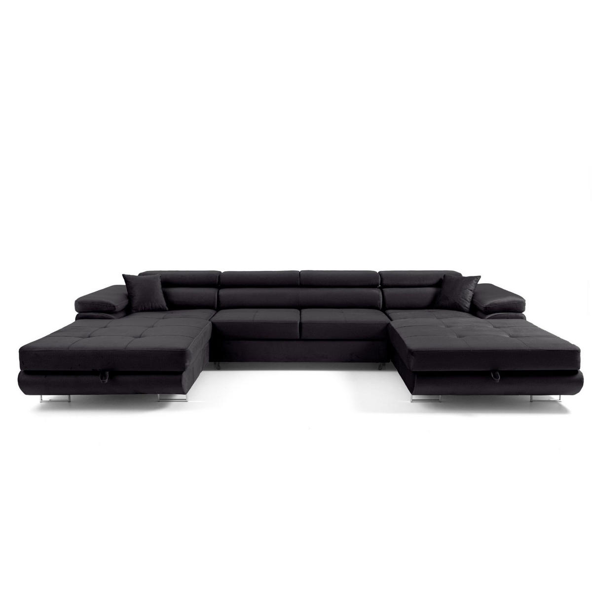 ECKSOFA U-Form ALONZO U mit Schlaffunktion 130x280 Velours Schwarz - Silberfarben/Schwarz, Holz/Textil (350/90/203cm) - Muffo