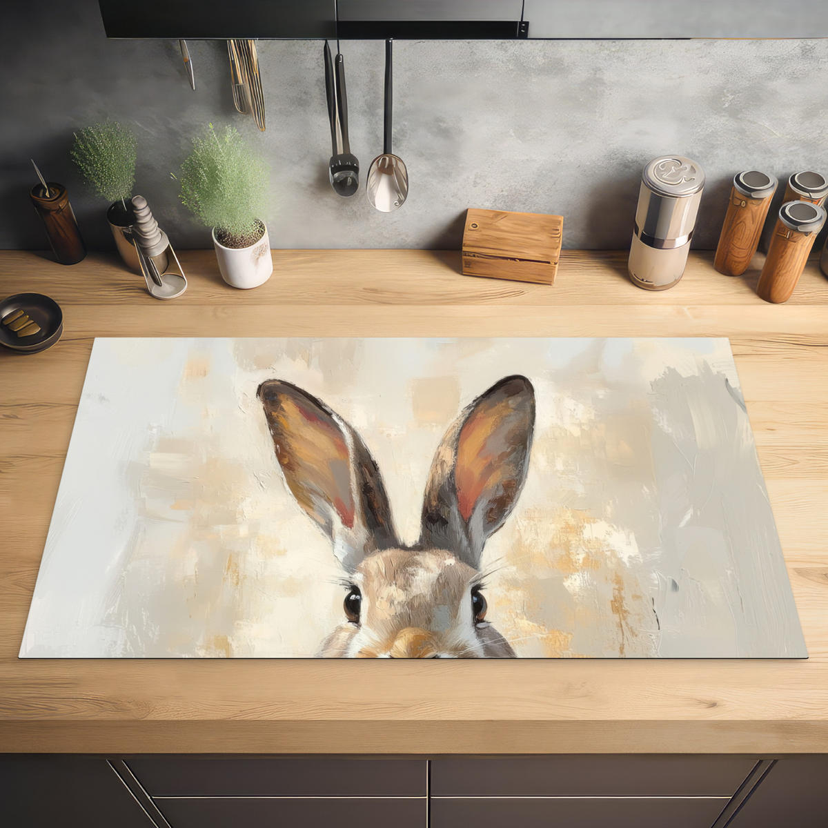 HERDABDECKPLATTE Hase - Ohren - Braun Ceranfeldabdeckung 90x52 cm - Beige, Kunststoff (90/52/0.2cm) - MuchoWow