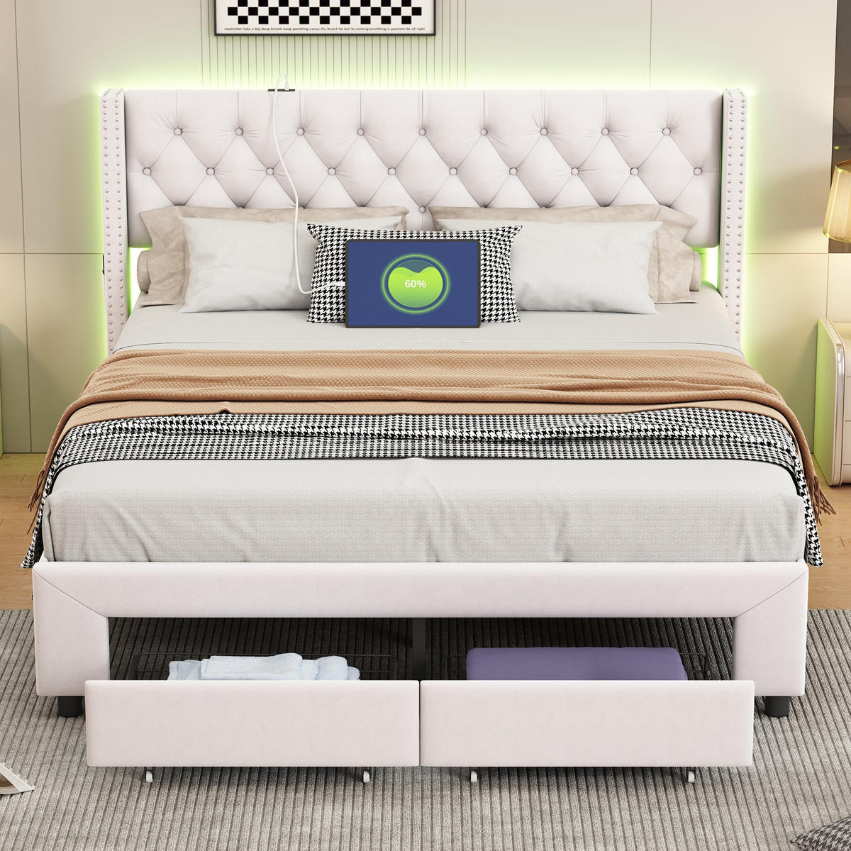 STAURAUMBETT 180/200 cm, mit 2 Schubladen, LED-Beleuchtung, USB, Beige - Beige, Holzwerkstoff (180/200cm) - Brevoria
