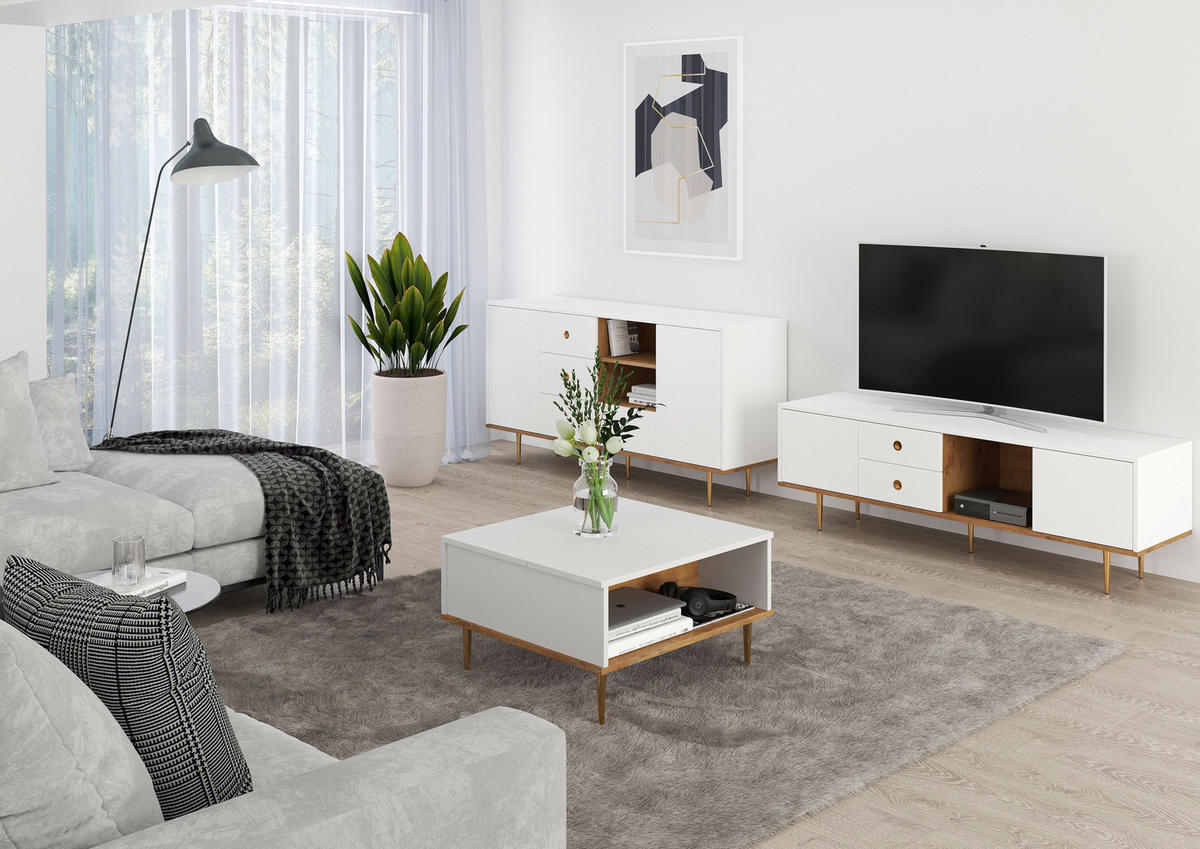 COUCHTISCH Harmoni, Höhenverstellbarer, Weiß, Goldenen Details - Goldfarben/Weiß, Holzwerkstoff/Metall (69/75/43cm) - Skandica