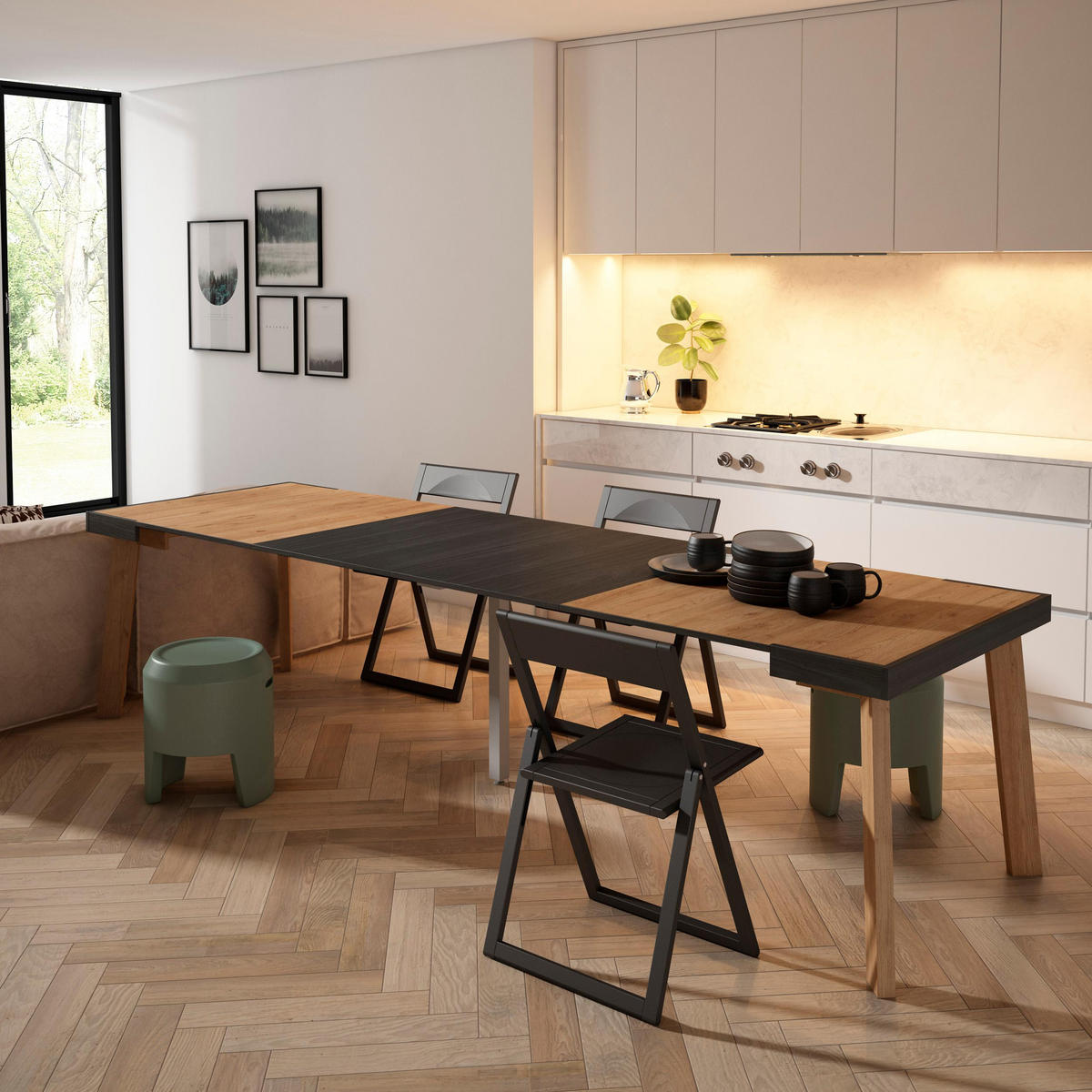 KONSOLENTISCH ausziehbar 58 bis 302cm, für 14 Gäste, eiche, schwarz, 90/58/73cm - Eichefarben/Schwarz, Holzwerkstoff (90/302/73cm) - Skraut Home