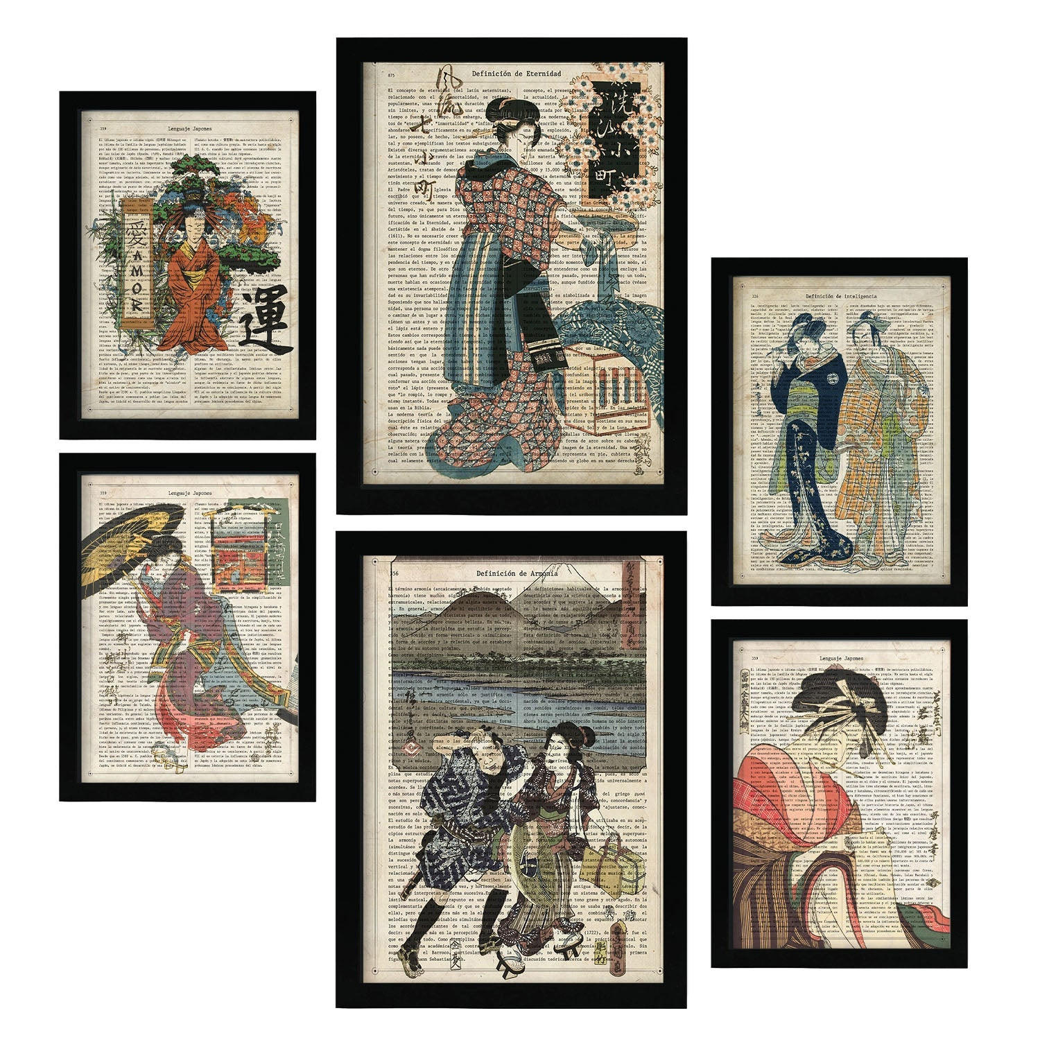 POSTER Set Mit 6 Japan Vintage Papier Stil Plakate Mit Enzyklopädie Hintergründen Ukiyo E Japanische Geishas Innenarchitektur A3 & A4 Schwarzer Rahmen - Schwarz, Papier (29/3cm) - Nacnic