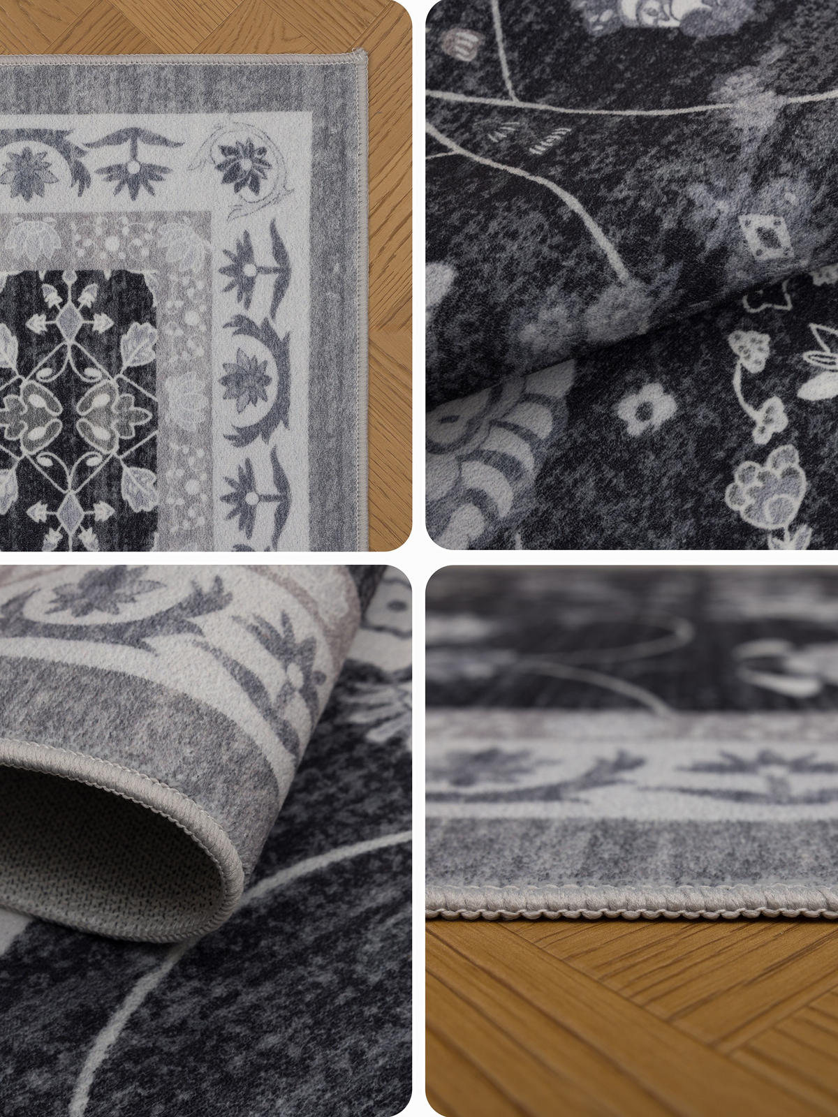 TEPPICH Kurzflor, waschbar, mit floralen Ornamenten, VERNANTE in Schwarz-Creme-Grau, 120 x 170 cm - Schwarz, Textil (120/170cm) - KADIMA DESIGN