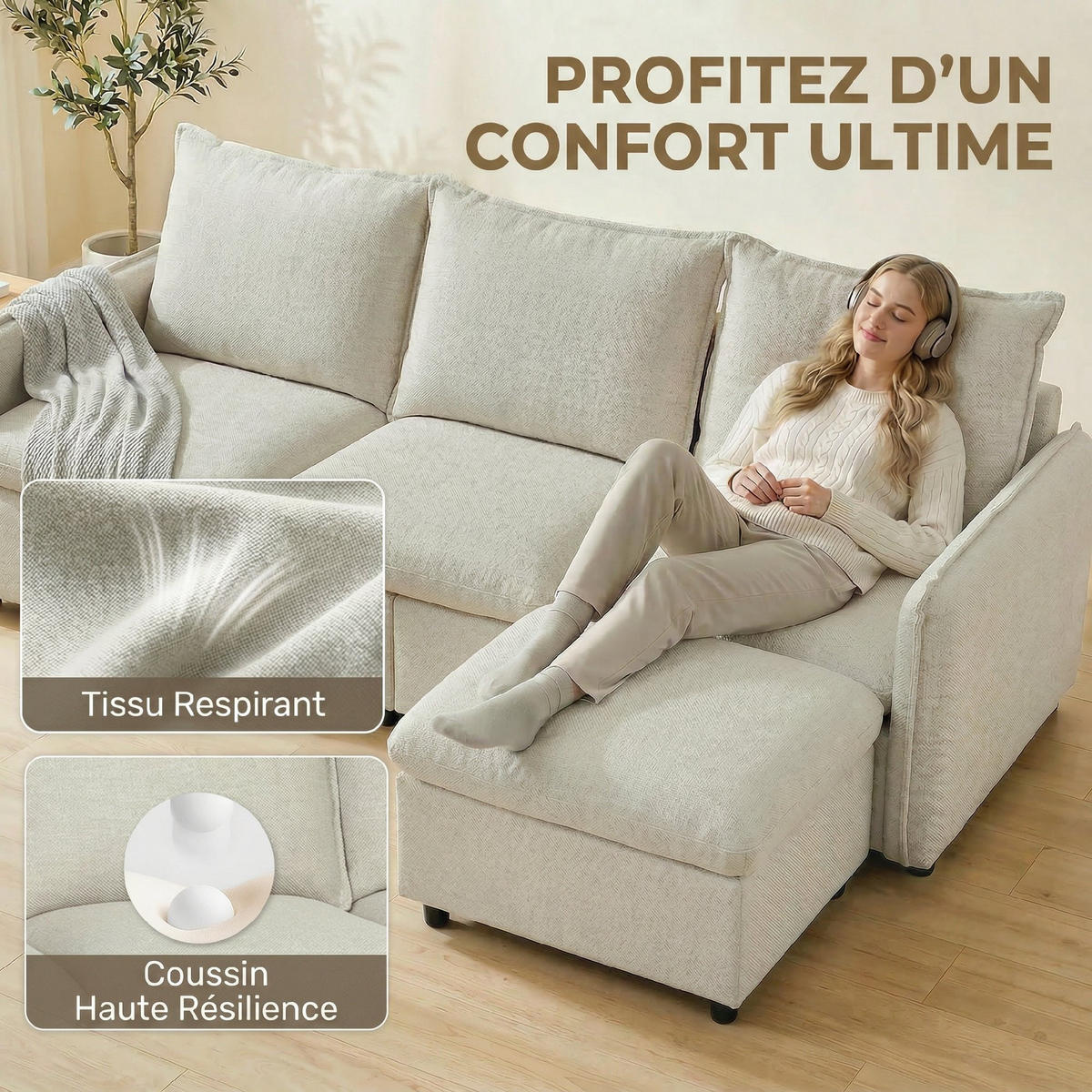 SOFA, 3-Sitzer, Stauraumhocker, Ecksofa, Federkernkissen, Leinen, creme - Multicolor, Holzwerkstoff (212/84/125cm) - FORIOUS