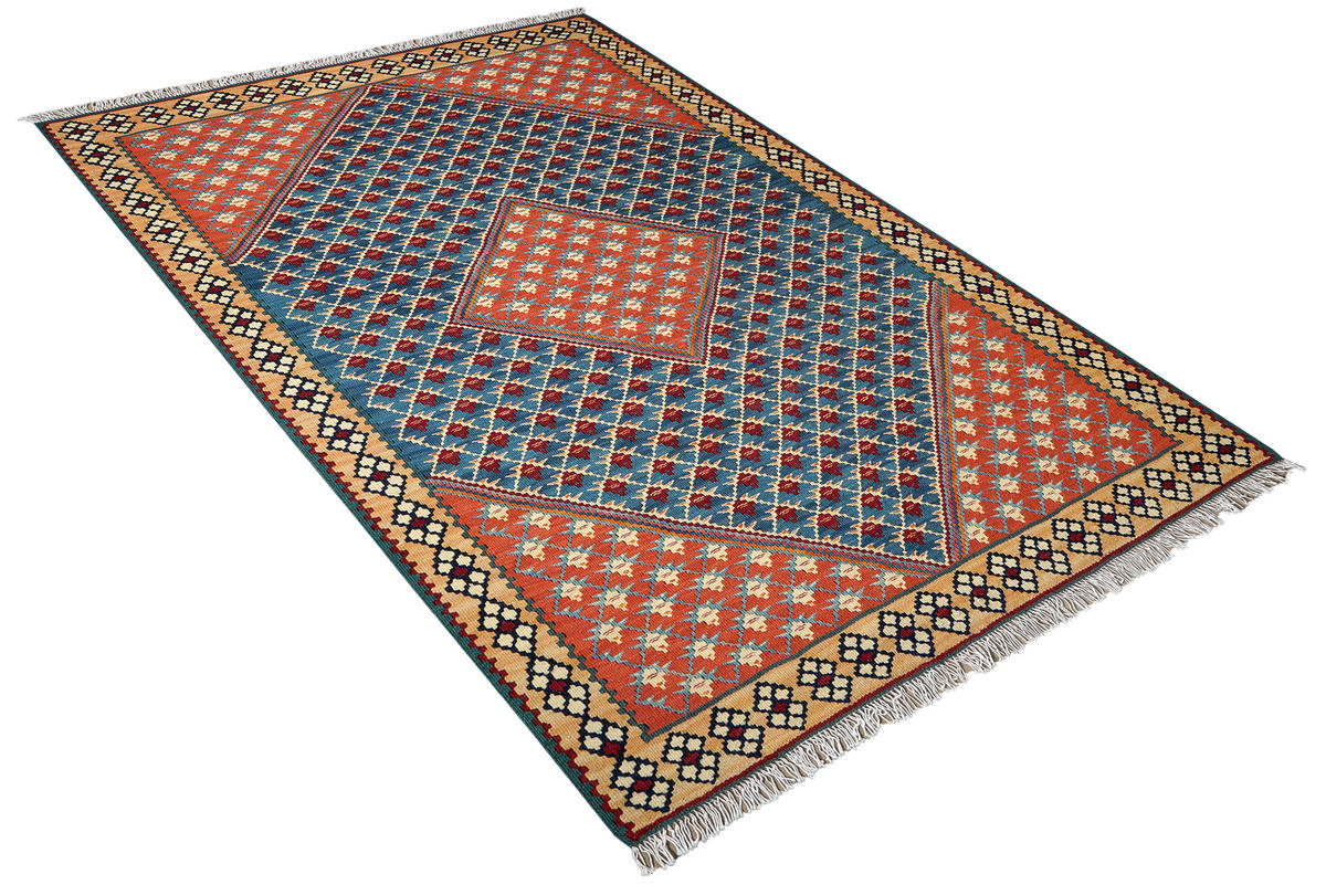 HANDWEBTEPPICH Kelim Senneh Blau 151/106 cm Schurwolle - Blau, Textil (106/151cm) - Looma