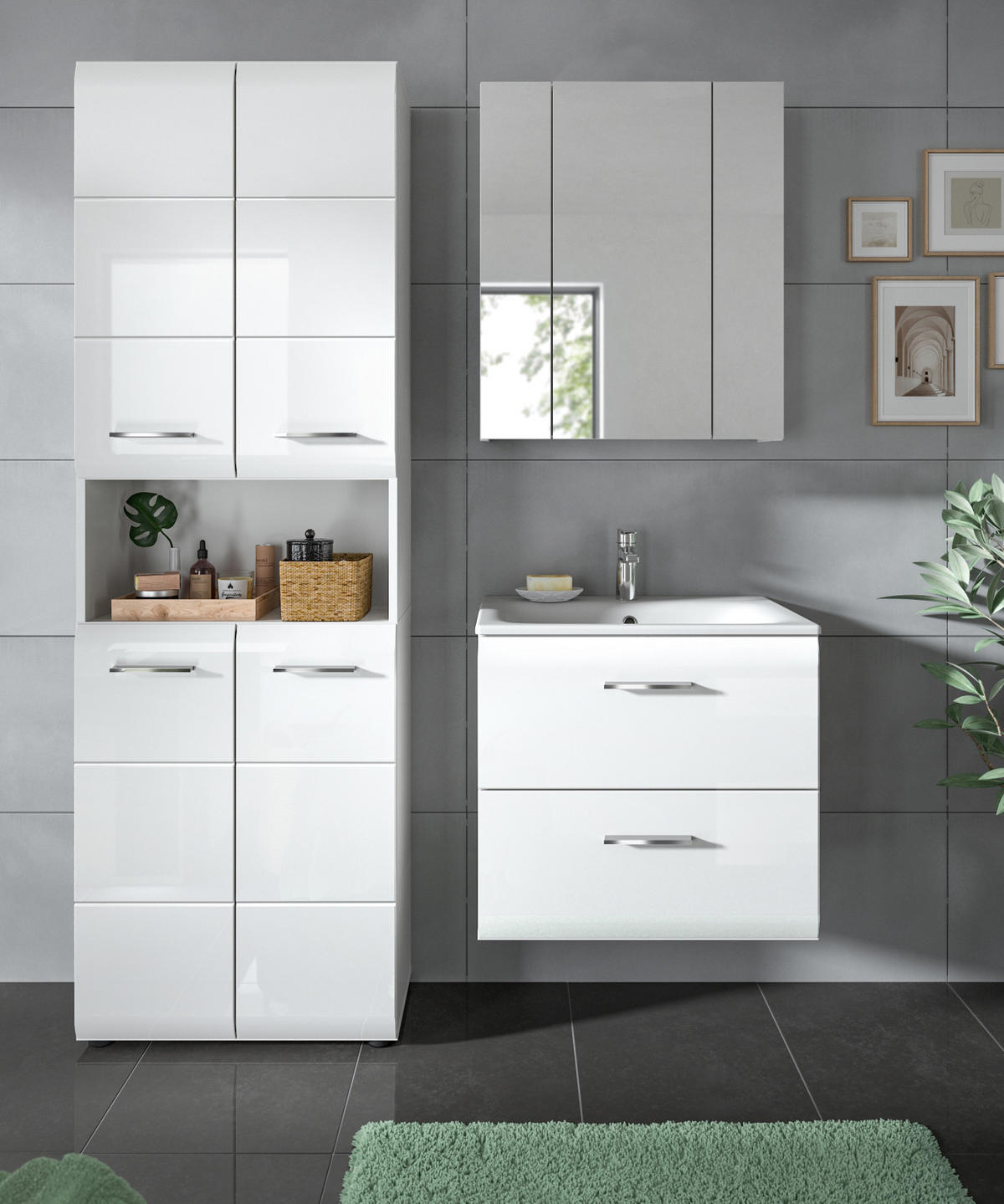 BADMÖBEL SET 2-teilig in weiß Hochglanz inkl. Waschbecken 60 x 185 cm Cover - Weiß Hochglanz/Silberfarben, Holzwerkstoff/Kunststoff (60/185/46cm) - Inn.Furn