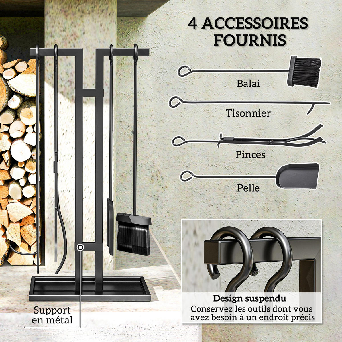 KAMINWERKZEUGSET 5tlg DE-13778 mit Rechteckständer Schwarz - Schwarz, Metall (31/64/20cm) - ComfortXL