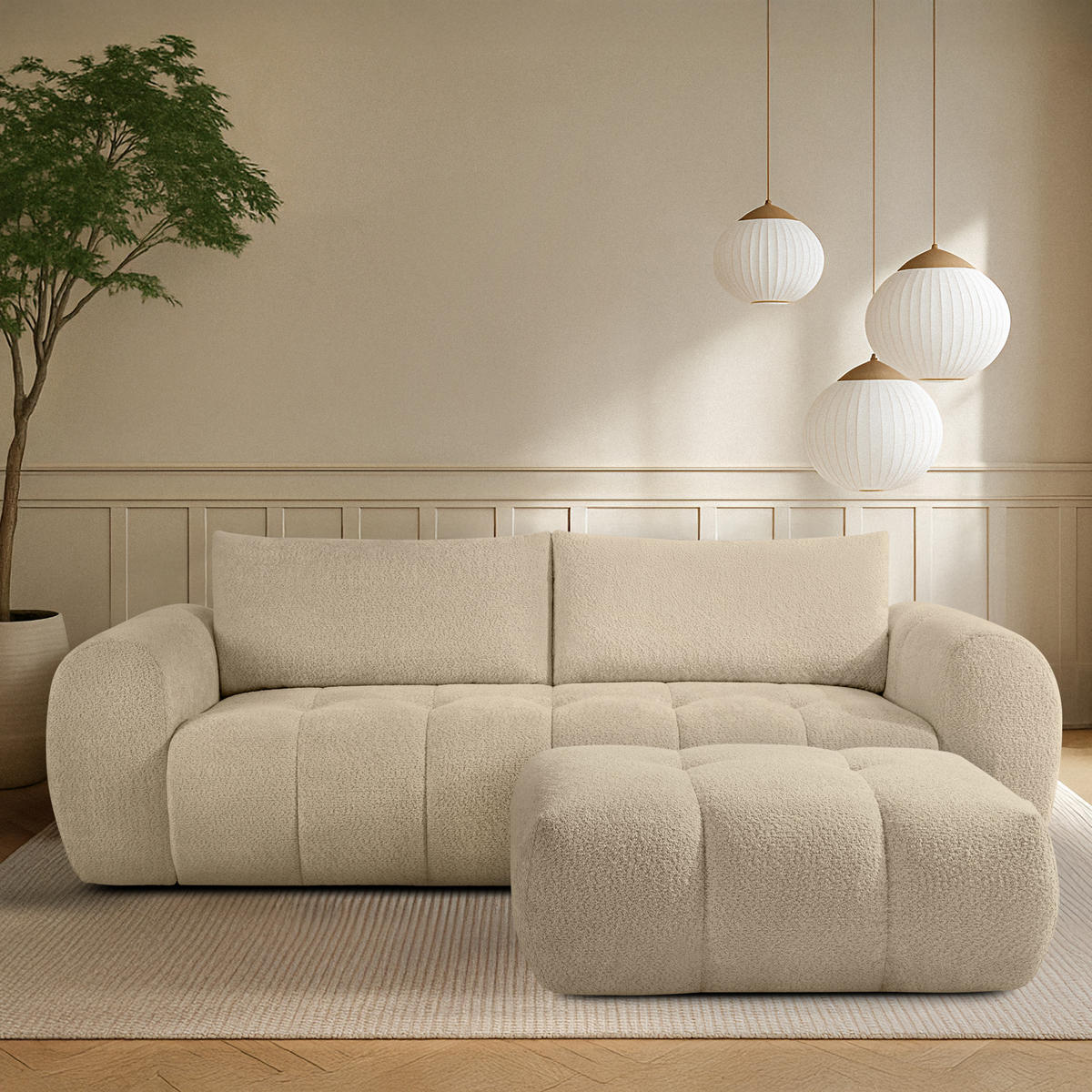 POUF LIRA, Hellbeige, Bouclé - Beige, Holz/Holzwerkstoff (96/43/50cm) - KONSIMO®