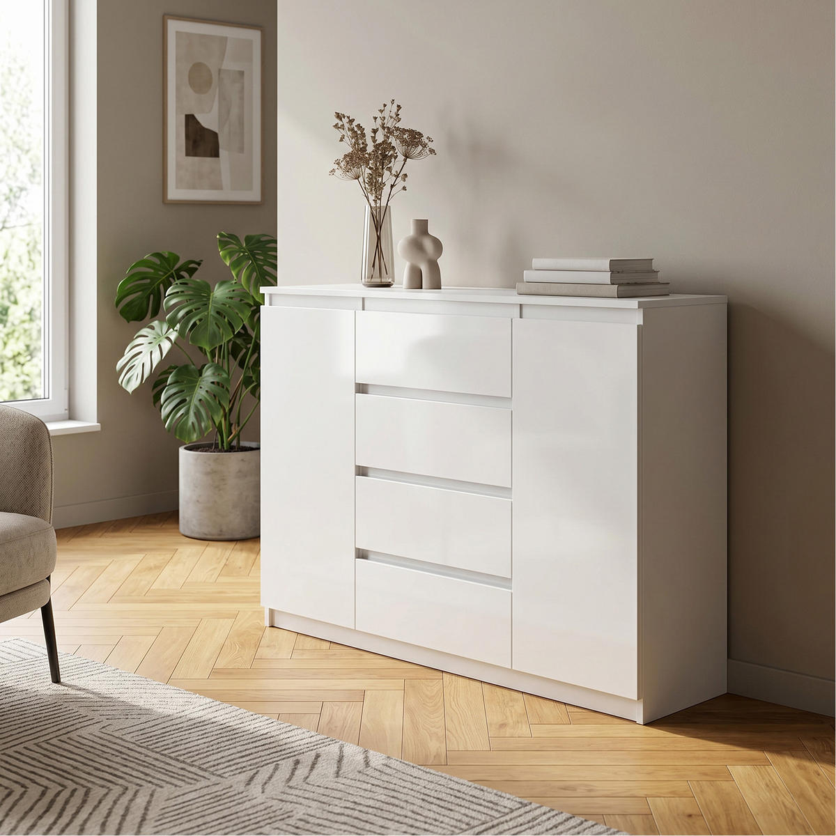 KOMMODE NUDO 120/101,5/39cm mit 4 Schubladen 2 Türen Weiß - Weiß, Holzwerkstoff (120/101.5/39cm) - MASSENO