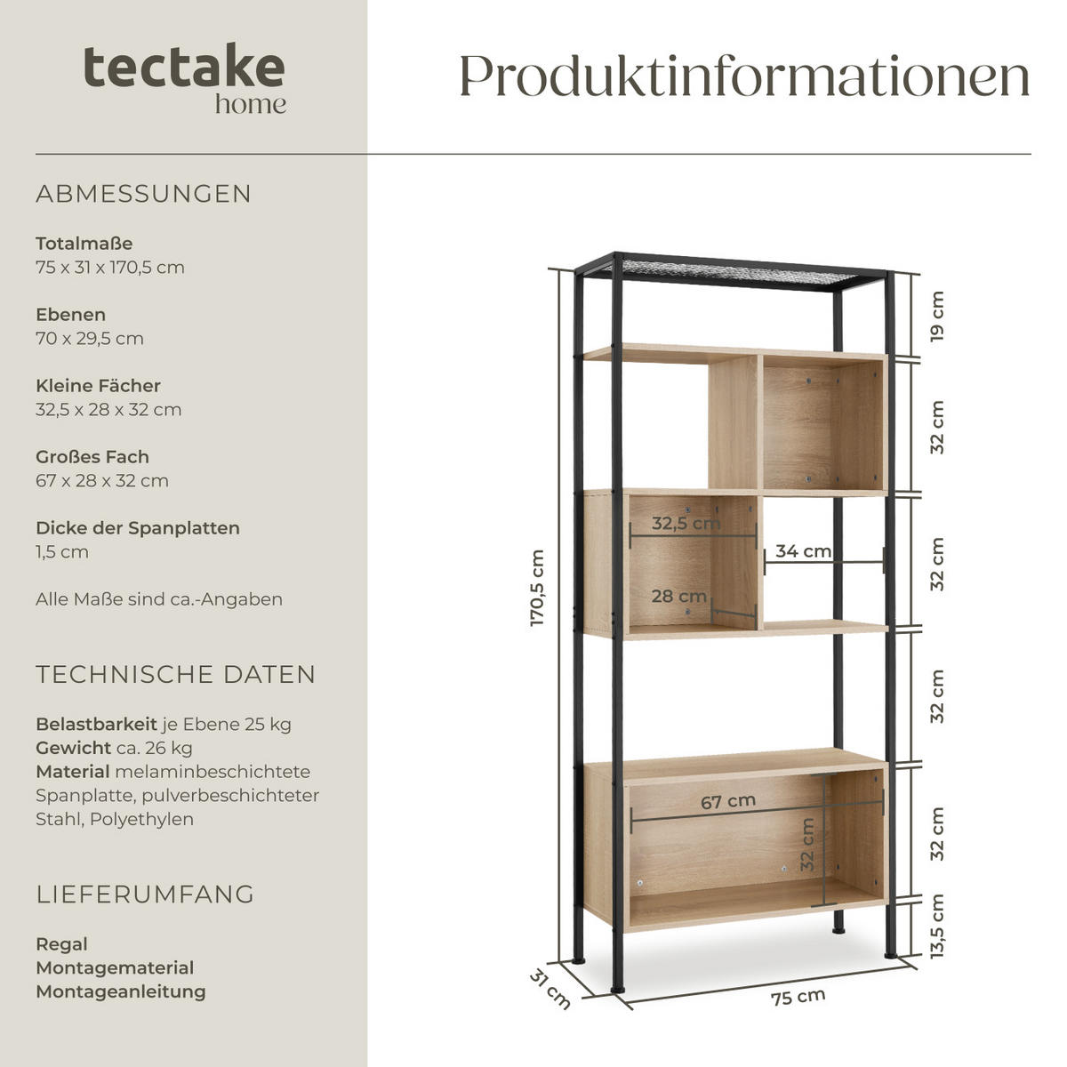 REGAL Hastings,inklusive Kippschutz, 75 x 31 x 170,5 cm,Industrial Holz hell, Eiche Sonoma - Naturfarben, Holzwerkstoff (31/170.5/75cm) - tectake
