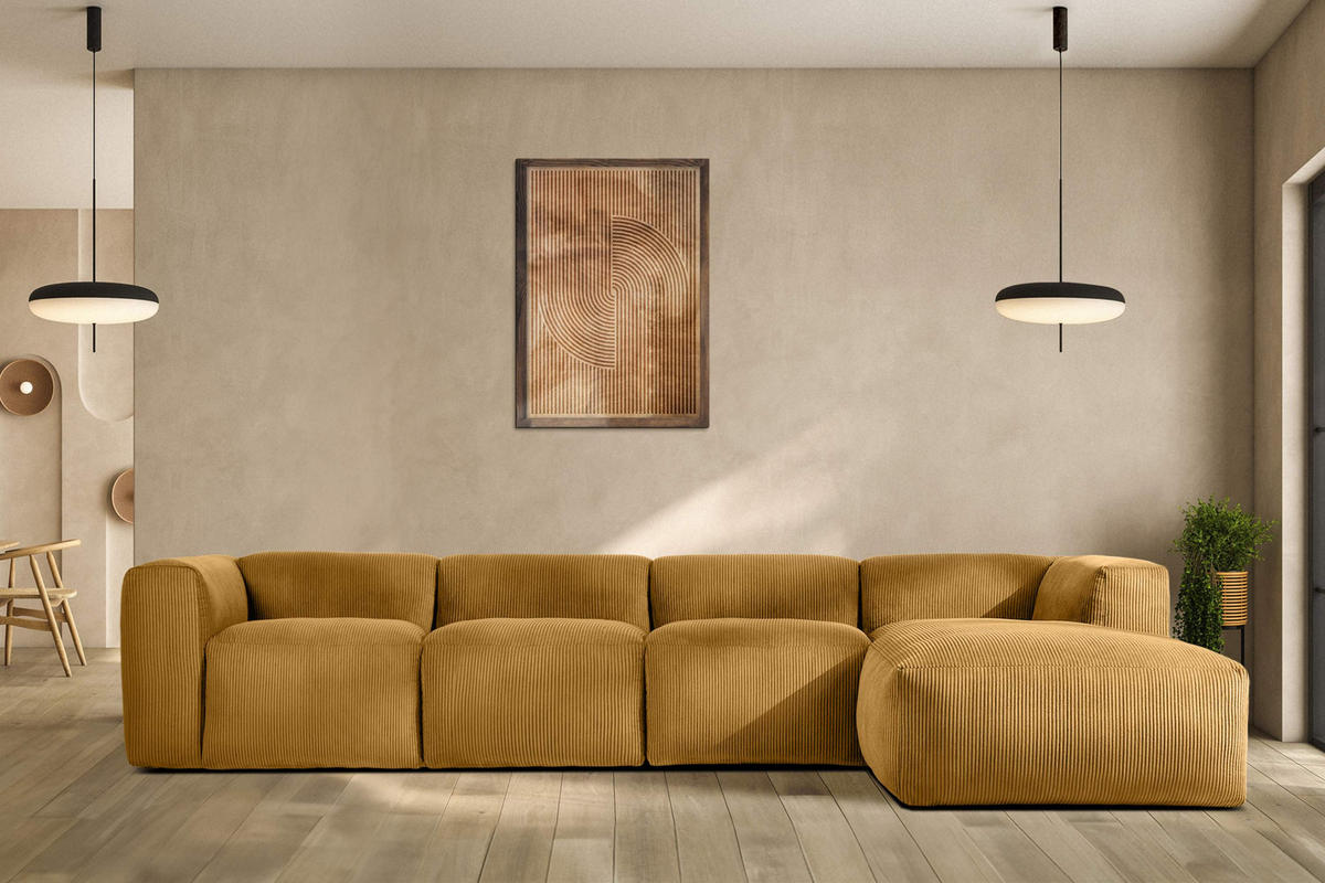 ECKMODULSOFA-LINKS BUFFO 6-Sitzer mit extrem weicher Sitzfläche, Kordstoff, gelb - Gelb, Textil (377/180cm) - KONSIMO®