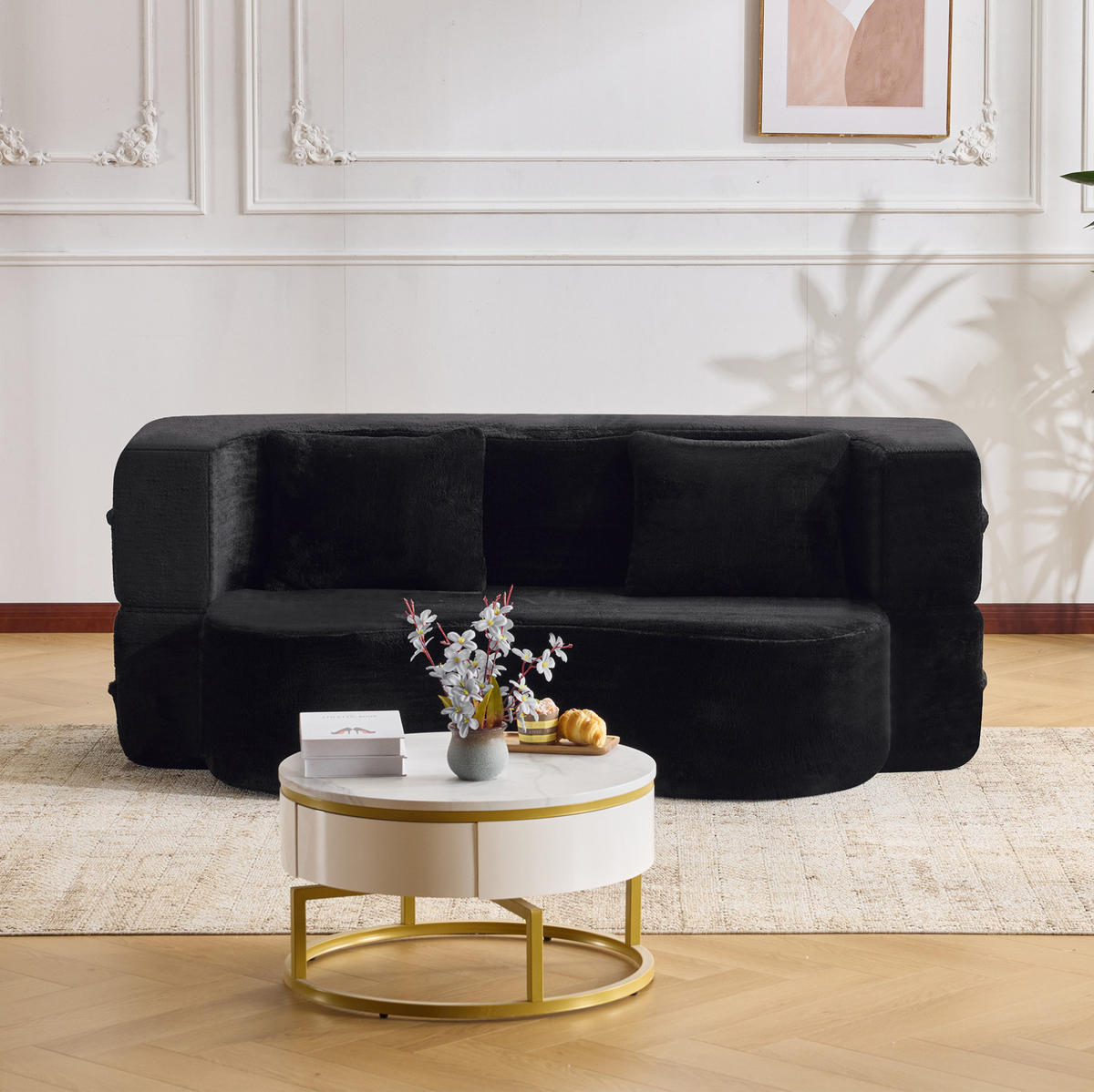 SCHLAFSOFA 2-in-1 klappbar mit hochdichter Schaumstoffpolsterung und 2 Kissen, Schwarz - Schwarz, Kunststoff (180/70/55cm) - Redom