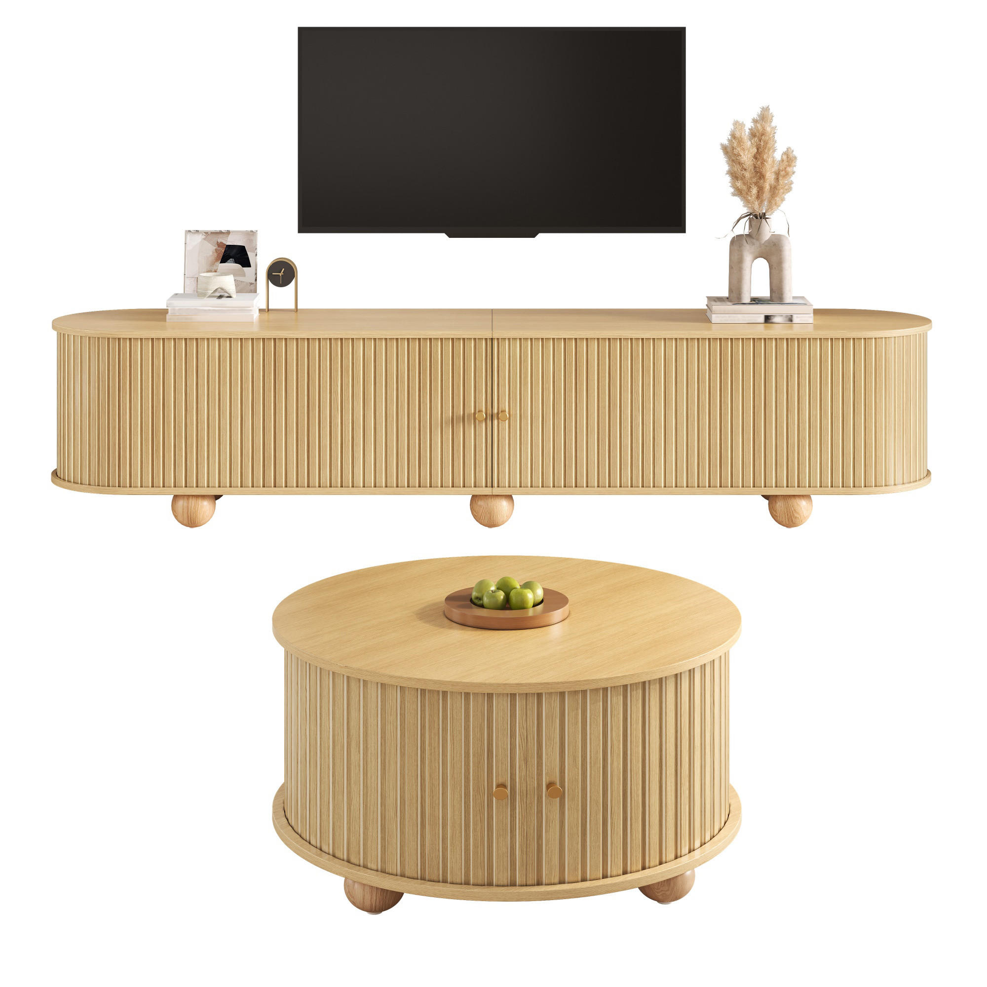 COUCHTISCHSET TV-Schrank MDF Schiebetüren Relief Schwarz - Naturfarben, Holzwerkstoff (180/45/35cm) - FLIEKS