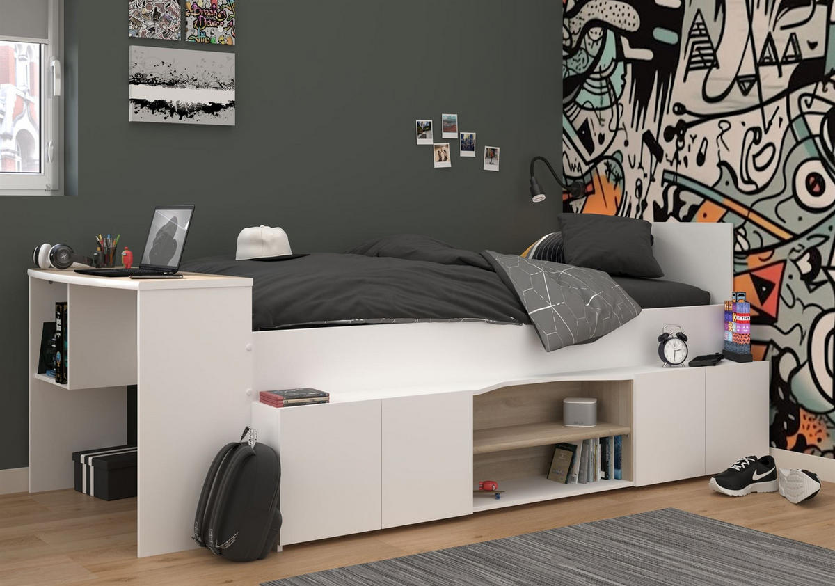 HOCHBETT Parisot Cleo 90x200 mit Schreibtisch Holznachbildung Weiß - Weiß, Kunststoff (90/200cm) - 58aufmkessel