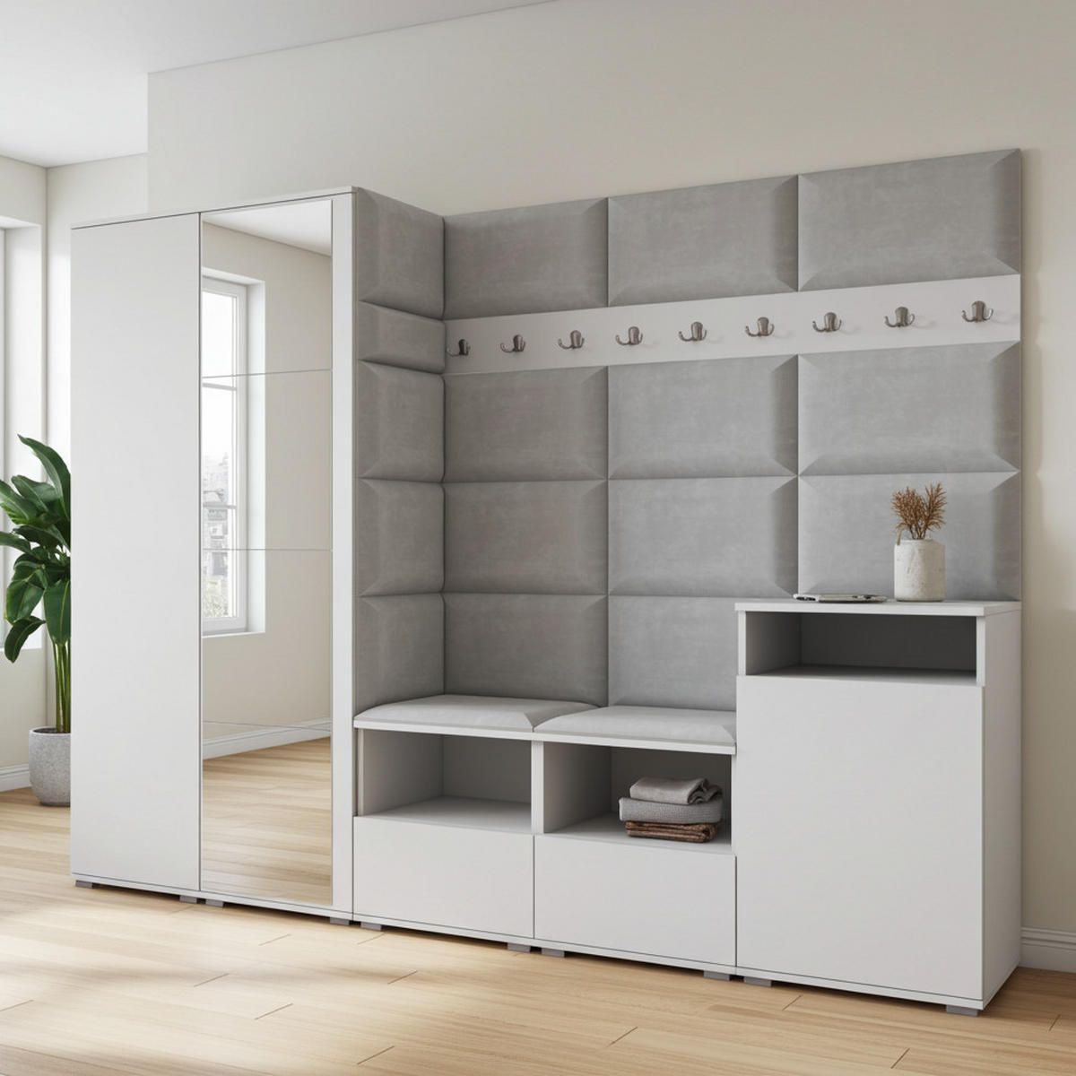 GARDEROBE NELA VIII 250 cm (Modulare Flurmöbel Weiß mit Spiegel & Sitzpolster Hellgrau 32 Set XL) - Silberfarben/Hellgrau, Holz/Holzwerkstoff (250/187/40cm) - Ravio