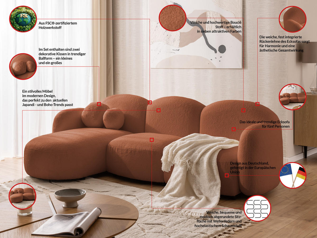 ECKSOFA Nuvola mit abgerundetem Design Terrakotta Bouclé-Stoff - Ottomane Links - Terra cotta/Schwarz, Holz/Kunststoff (268/146cm) - S-Style Möbel