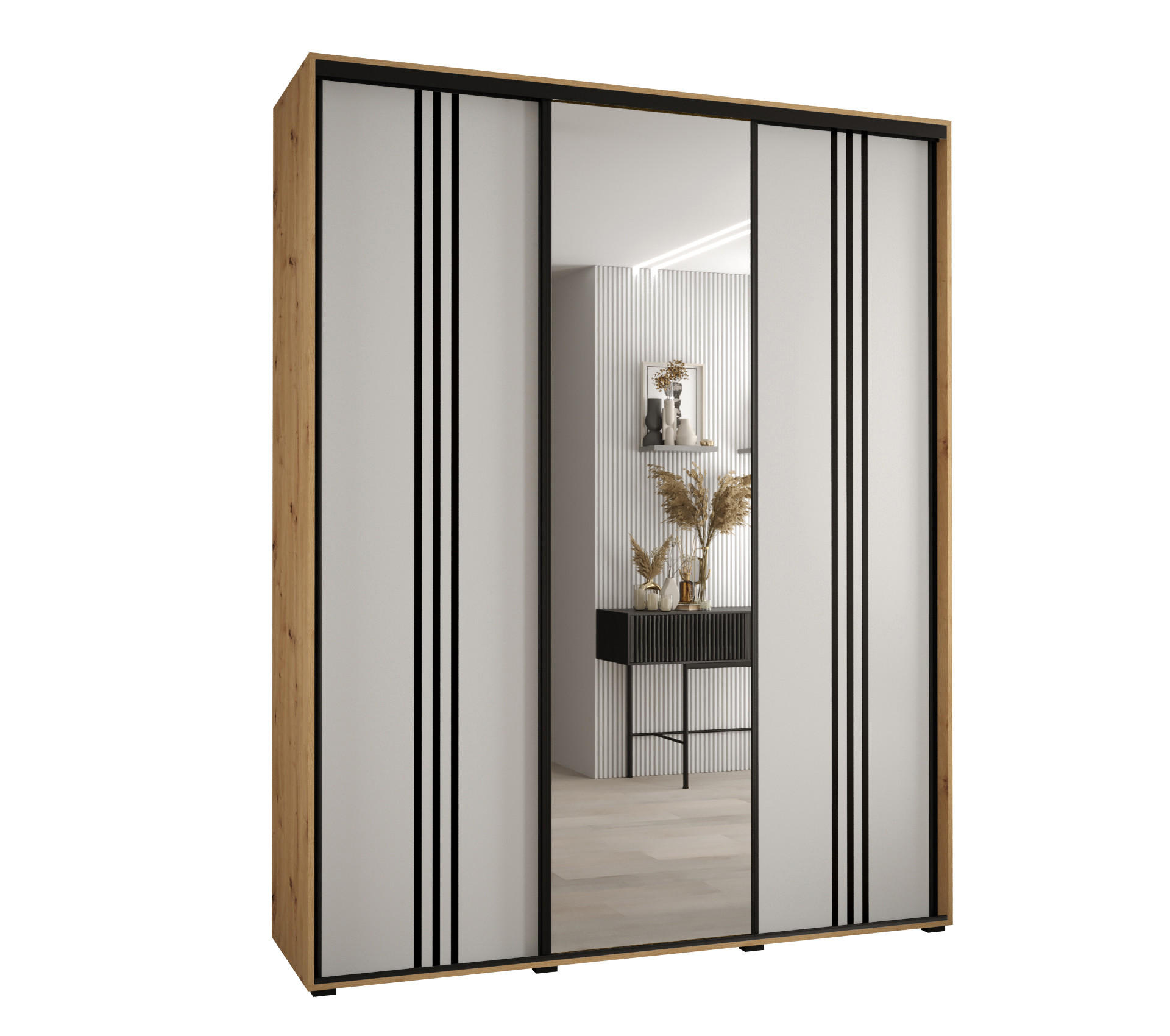 Abiks Möbel Schwebetürenschrank Eiche Artisan, Weiß, Schwarz 200x235x45 cm