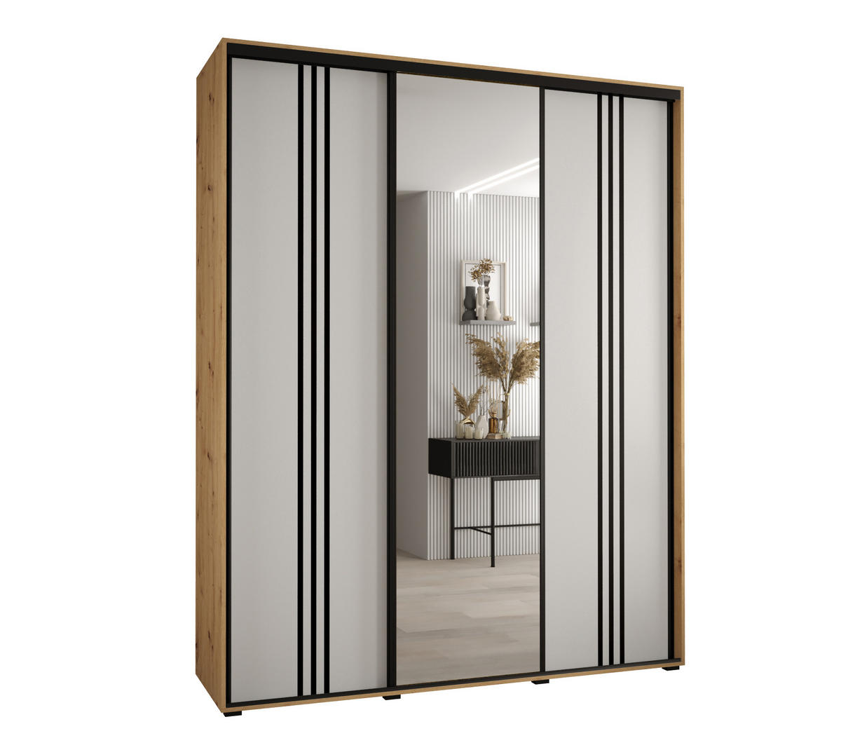 SCHWEBETÜRENSCHRANK 235,2/190/60 3-türig - Schwarz/Eiche Artisan, Holz/Metall (190/235/60cm) - Abiks Möbel