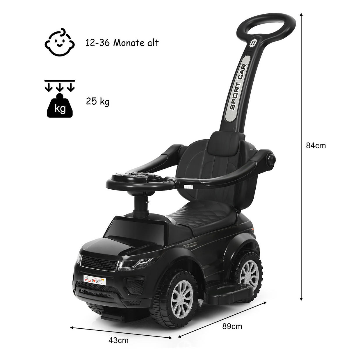 SCHIEBEWAGEN Schwarz - Schwarz, Kunststoff (43/84/89cm) - COSTWAY