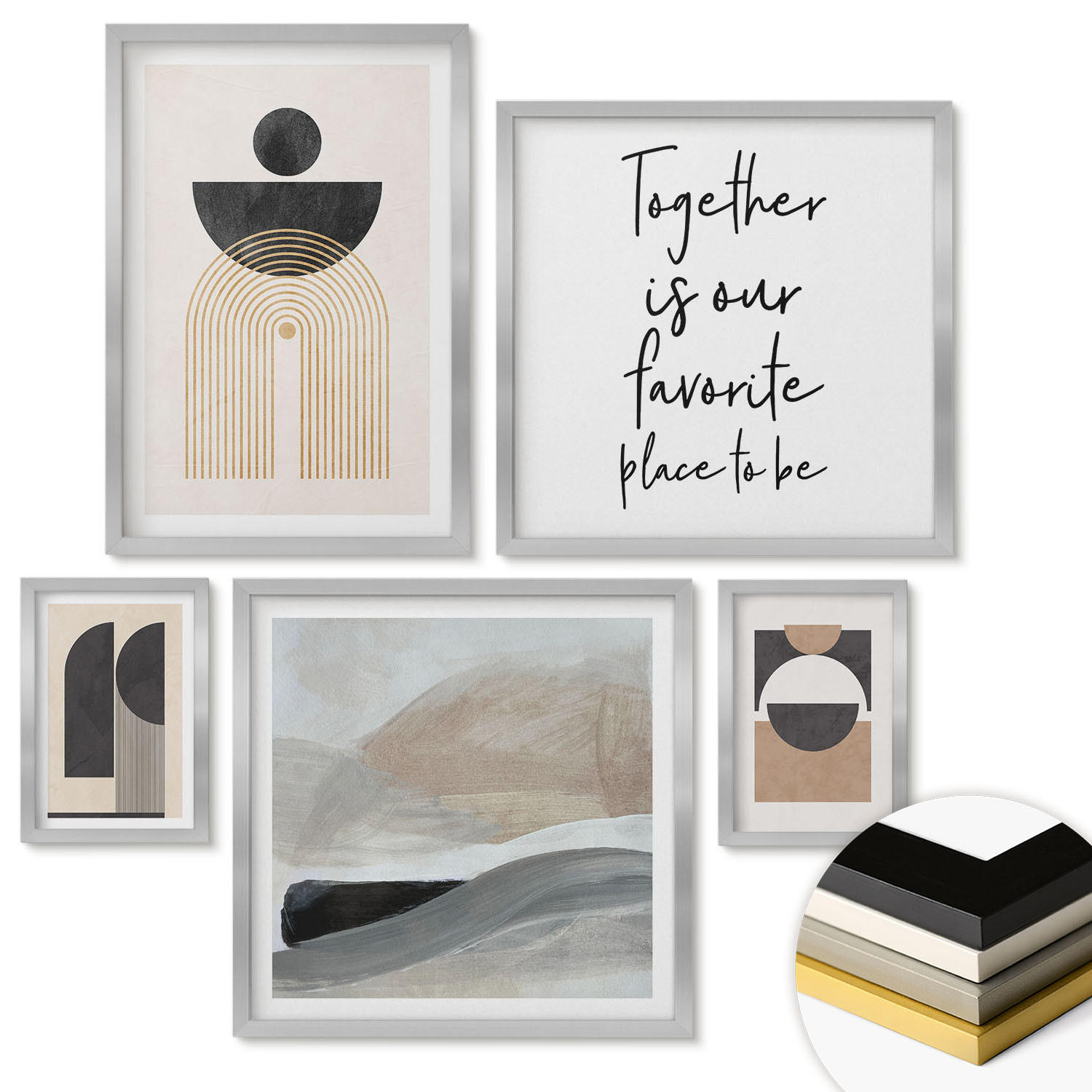WANDBILDER 5er Set - 50x50 cm & 20x30 cm & 40x60 cm Silberner Rahmen - Abstrakte Formen beige braun - Silberfarben, Kunststoff (40/60cm) - ArtPrintCave