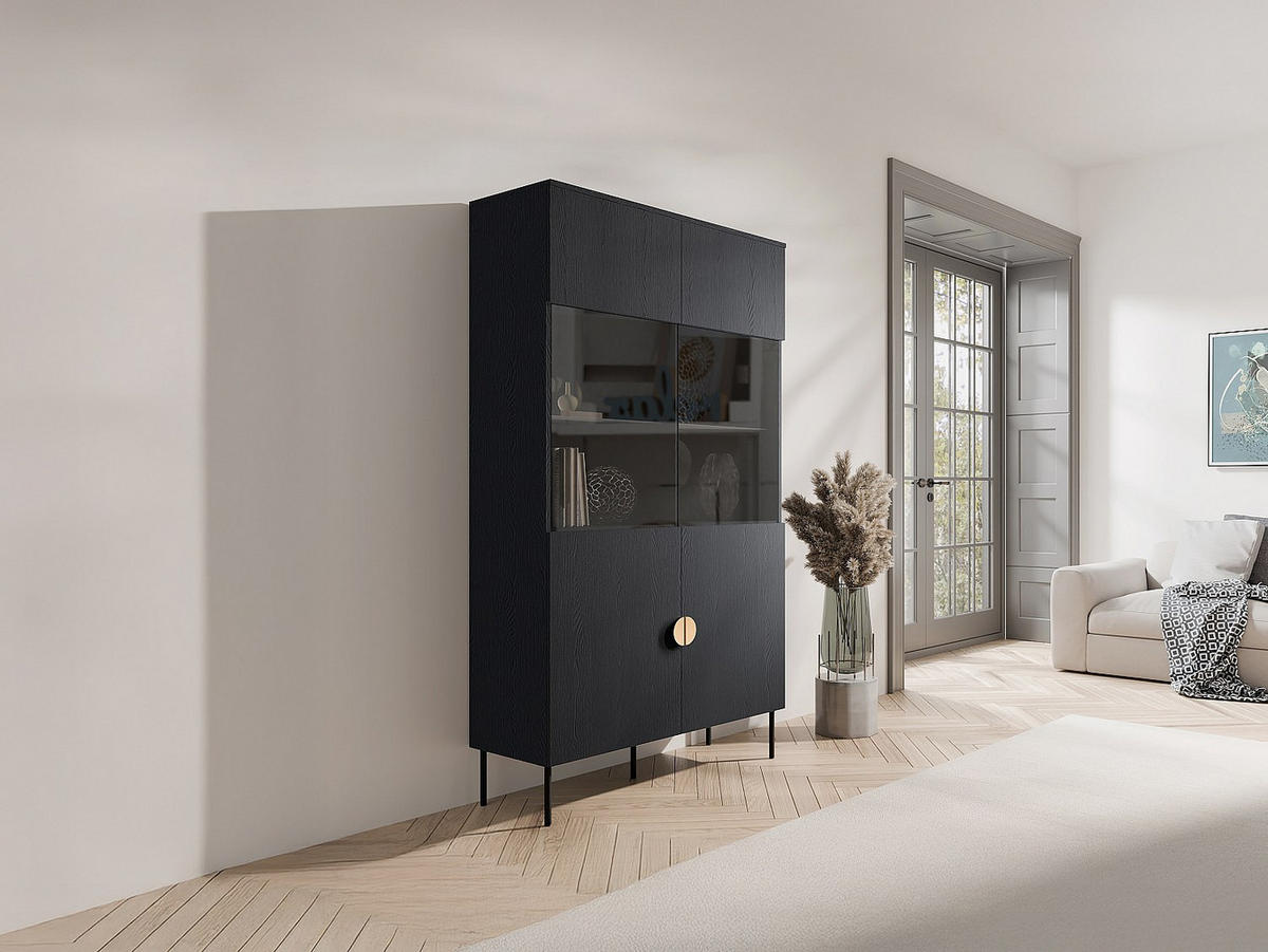 VITRINENSCHRANK mit 2 Türen & 4 Ablagefächern - Mit LED-Beleuchtung - Schwarz & Goldfarben - NATANIEL - Schwarz, Glas (106.6/187.6/40cm) - Vente-Unique