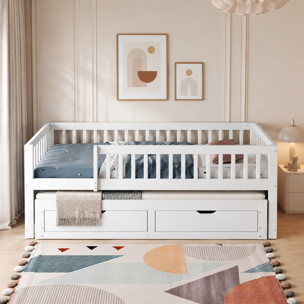 BETT 90/200 mit Ausziehbett, Sicherheitsgitter, 2 Schubladen und Lattenrost in Weiß - Weiß, Holzwerkstoff (90/200cm) - EVRYAE