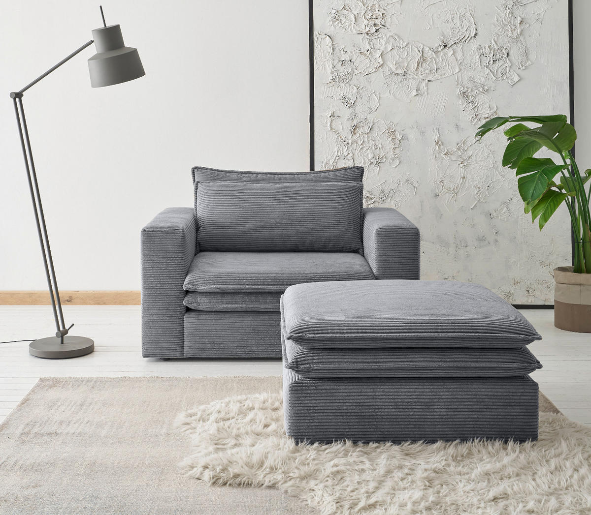 LOVESEAT Set grau Cord, Loungesessel inklusive Hocker - Beige/Grau, Holz/Kunststoff (176/83/125cm) - Furn.Design