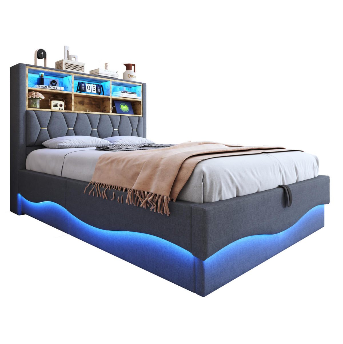 POLSTERBETT aus Leinen, Metall und Holzwerkstoffen 140x200 cm Grau mit LED-Beleuchtung, USB und Stauraum - Grau, Metall (140/200cm) - IVMEU