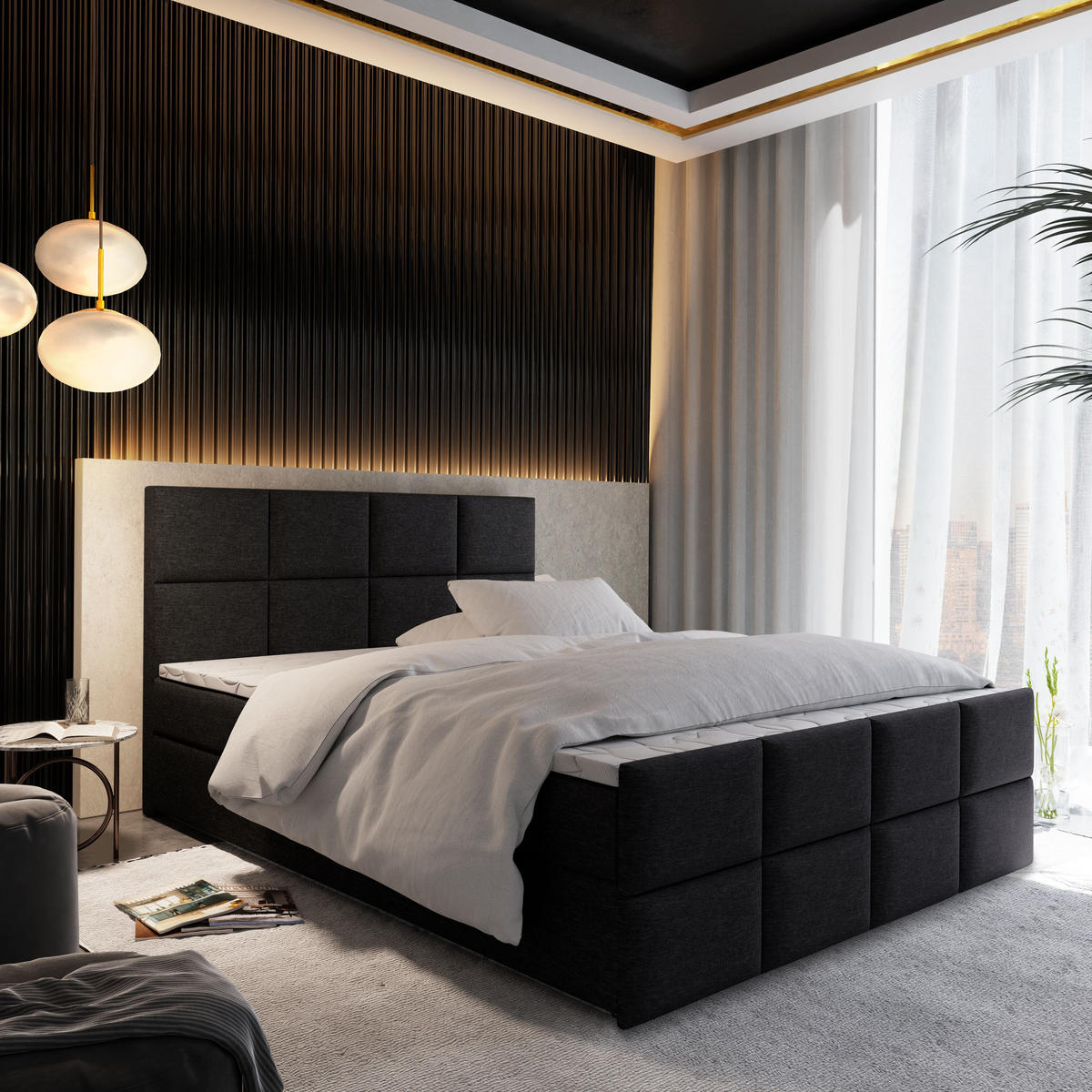 BOXBETT ARIEL 180x200 cm mit Matratze und Topper - Schwarz - Schwarz, Holz (180/200cm) - MASSENO