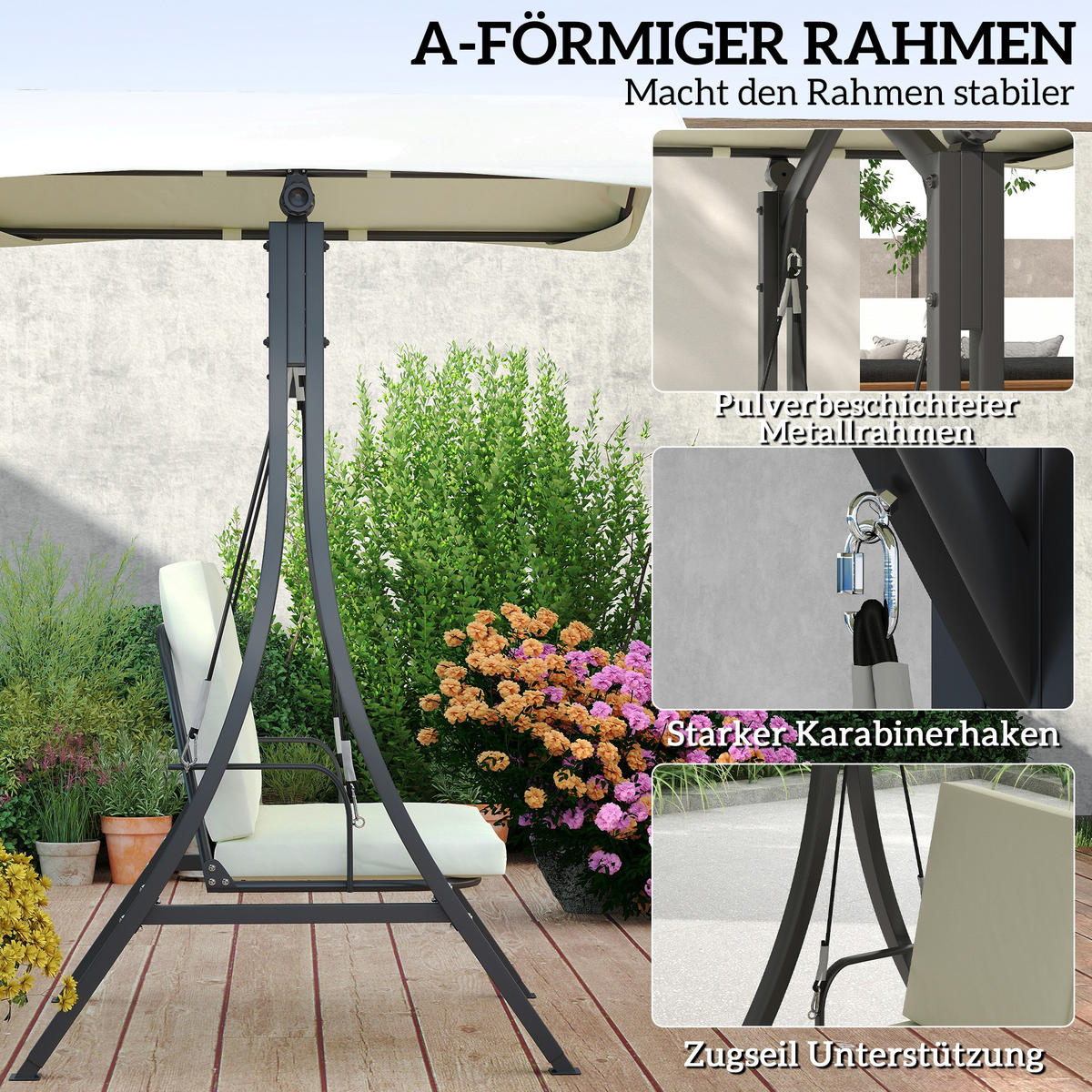 HOLLYWOODSCHAUKEL Cremeweiß 2-Sitzer 150/120/182 cm - Creme, Metall (150/182/120cm) - PANGIVO