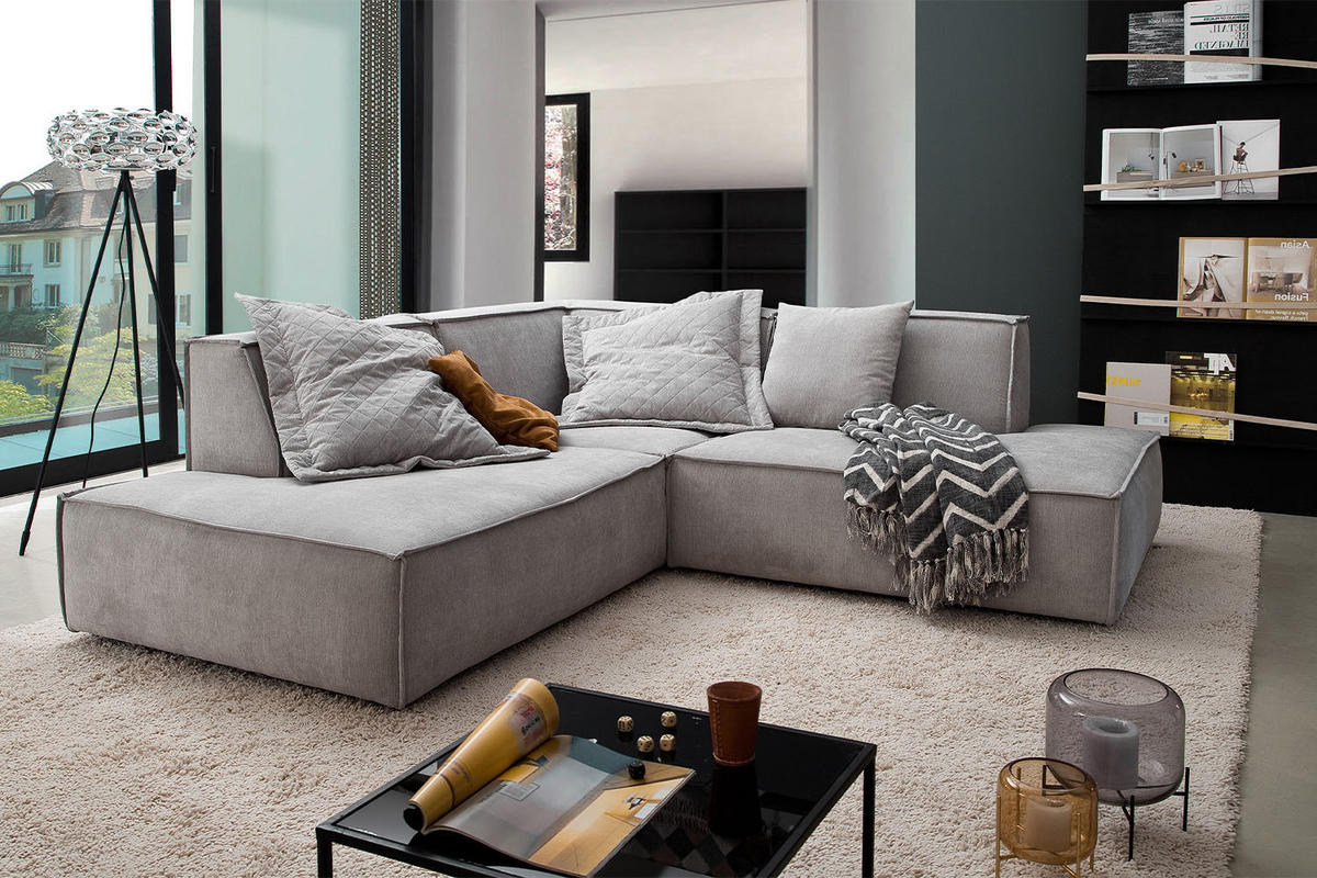 ECKSOFA SAMU Silber Webstoff - Silberfarben/Schwarz, Textil (226/224cm) - KAWOLA