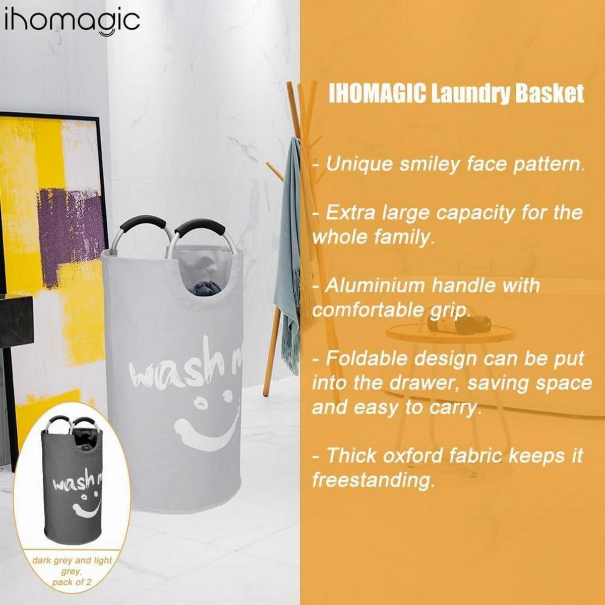WÄSCHEKORB 2er Set 95L faltbar dunkelgrau/hellgrau 38x38x72cm - Multicolor, Textil (38/72/38cm)