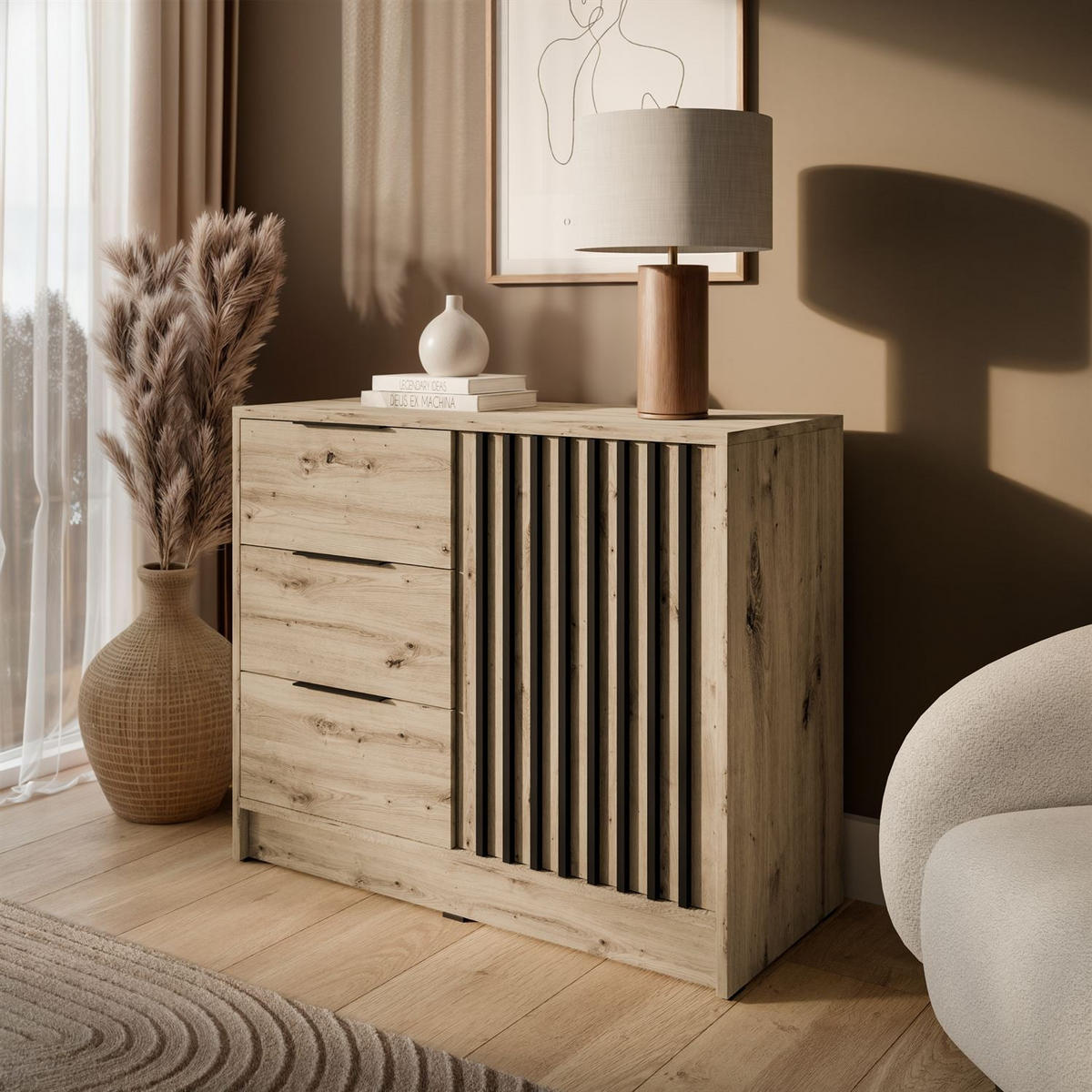 KOMMODE NELA mit Lamellen, Artisan/Schwarz - Eiche Artisan, Holzwerkstoff (105/86/45cm) - Lookway