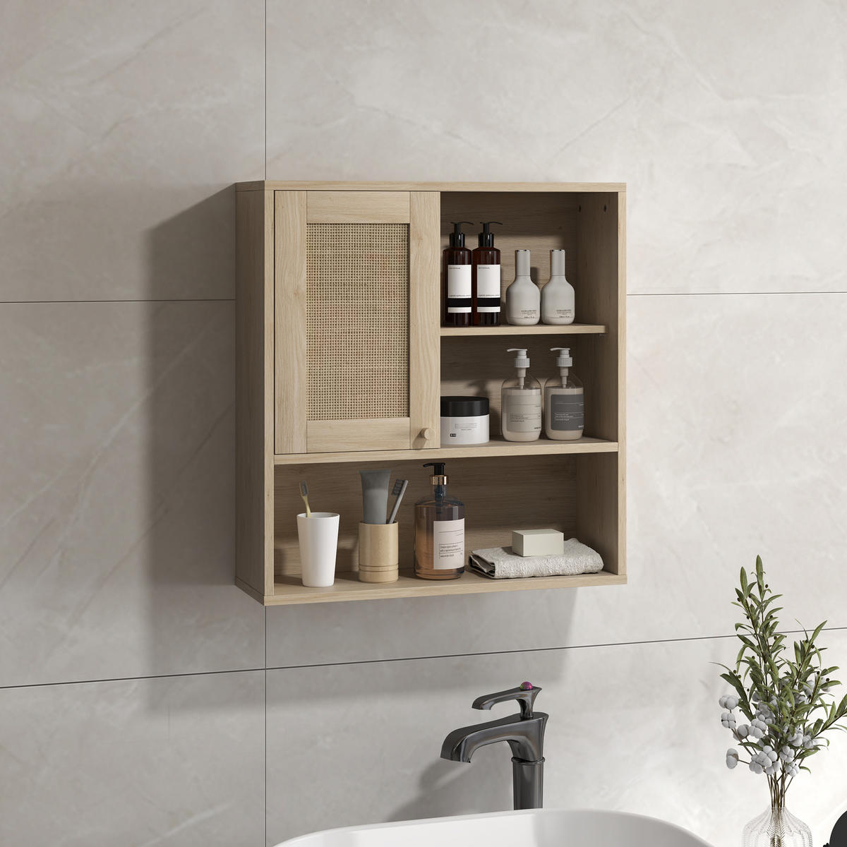 HÄNGESCHRANK DE-15908 mit verschiebbarer Rattantür Naturholz - Naturfarben, Holzwerkstoff (19.8/65/60cm) - ComfortXL