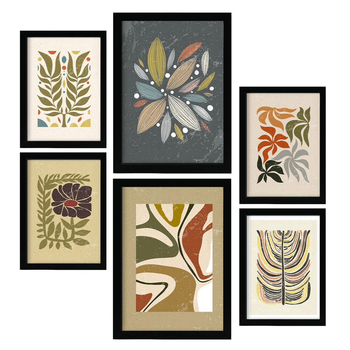 POSTER Set Mit 6 Drucken Von Pflanzen Im Ethnischen Drucker Sammlung Dekorative Rahmen Für Ihr Zuhause Wandkunstdruck A3 & A4 Schwarzer Rahmen - Schwarz, Papier (29/3cm) - Nacnic