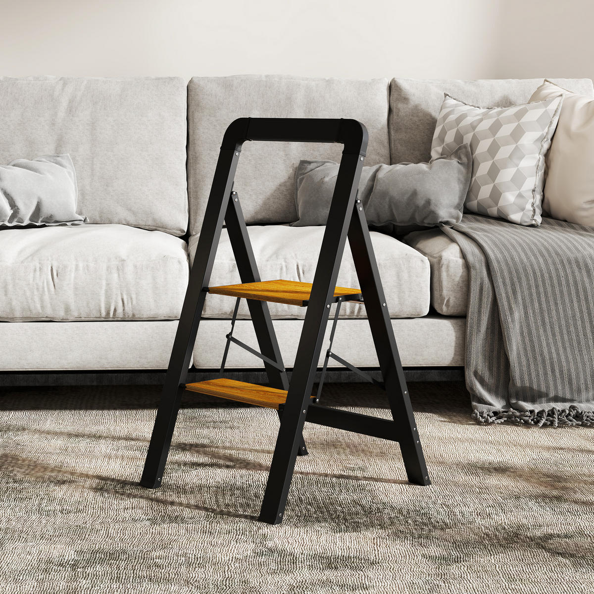 TRITTLEITER Klapptritt mit 2 Stufen Aluminium Schwarz 44,5 x 48 x 86,3 cm - Schwarz, Metall (44.5/48/86.3cm) - HOMCOM