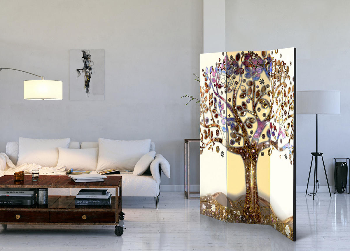 PARAVENT Einseitig Bedruckter 3-tlg 135x172 cm Goldener Baum - Multicolor, Holz/Textil (135/172/3cm) - Muralo