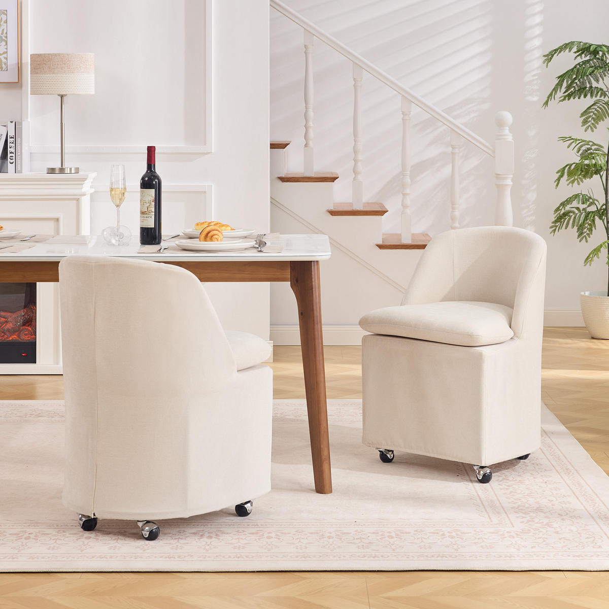 ESSZIMMERSTUHL 2er-Set mit Rollen Beige Chenille - Beige, Metall (53/78.5/53.5cm) - Meubliv