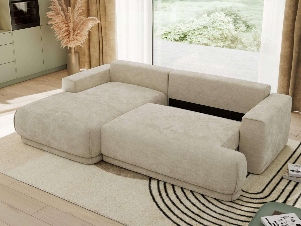 ECKSCHLAFSOFA RINA L Beige Schenille glatt - links - Beige/Schwarz, Kunststoff/Textil (267/170cm) - MKS