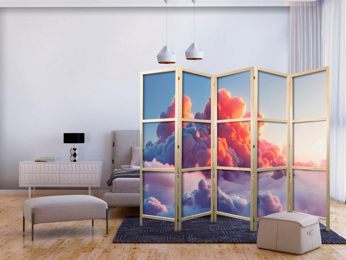 PARAVÁN Japonský 5-dielny 225x172 cm Farebné Oblaky - viacfarebná, drevo/textil (225/172/3cm) - Muralo