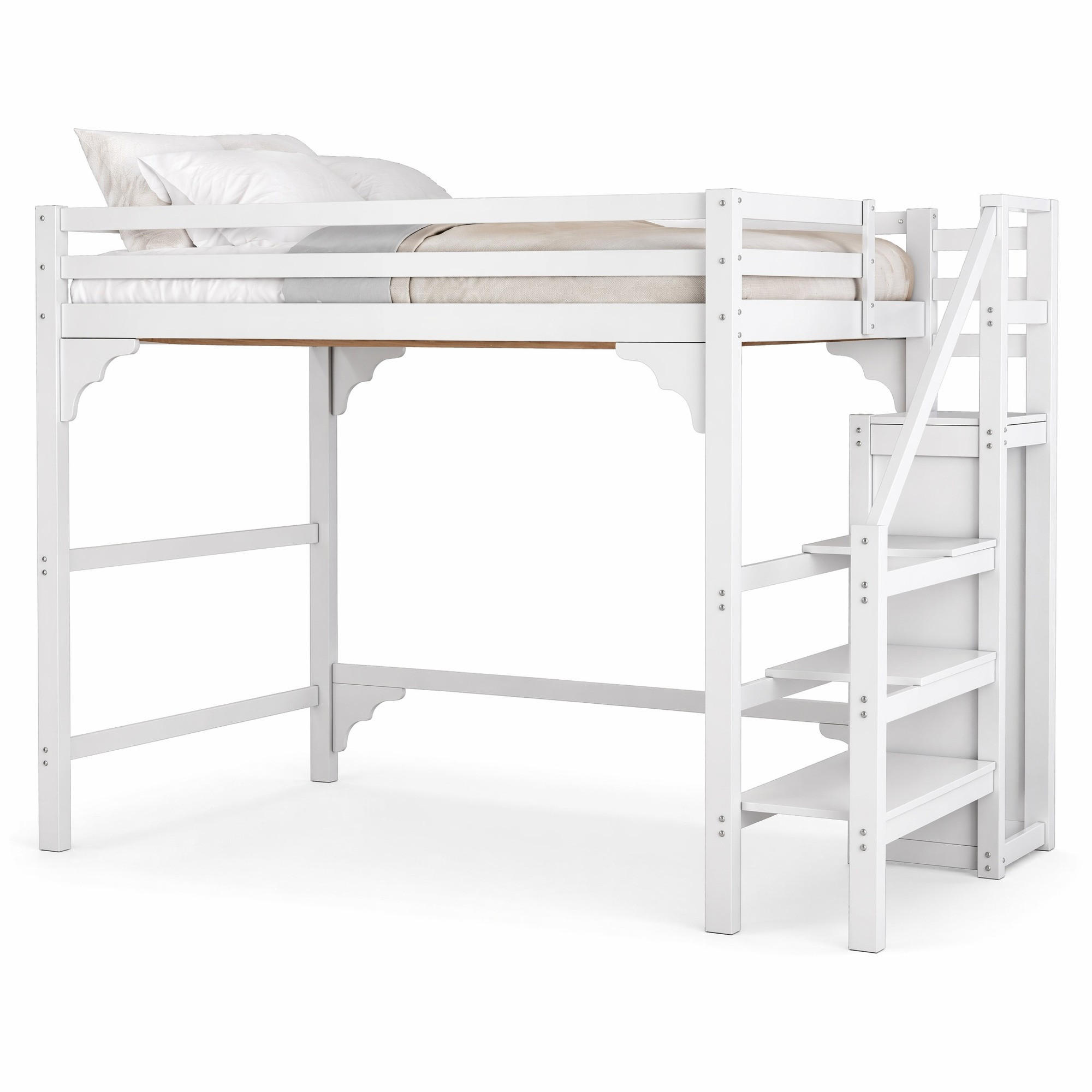 HOCHBETT 140/200 cm aus Kiefernholz mit Kleiderschrank und Treppe, Weiß - Weiß, Holz (140/200cm) - OKMYHOME