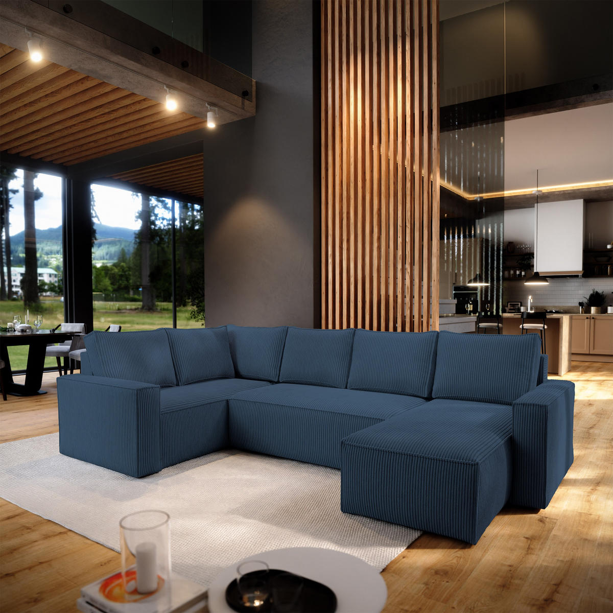 WOHNLANDSCHAFT NORENA L-S Blau Kordstoff mit Schlaffunktion - Blau, Holz (295/85/157.5cm) - MASSENO