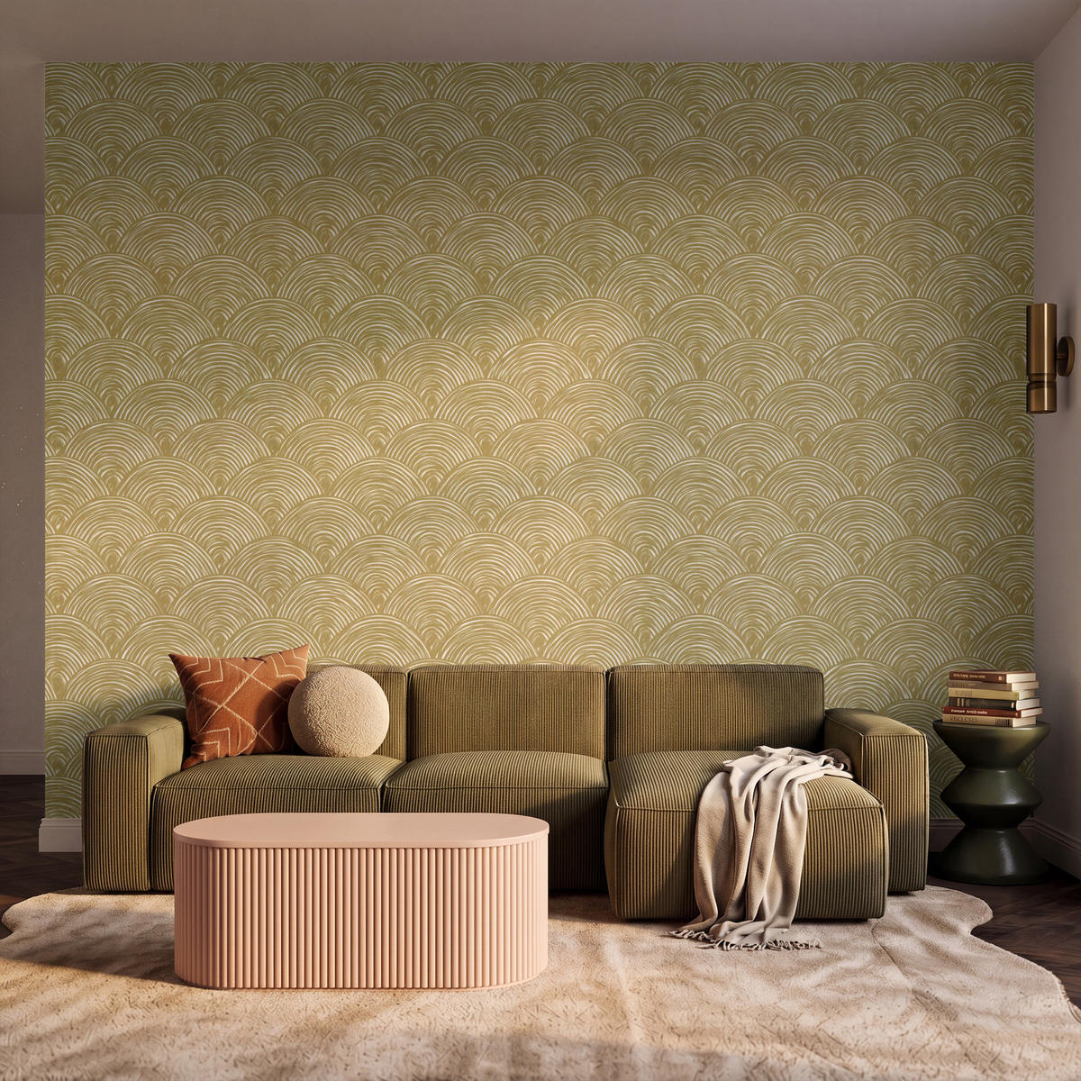 TAPETE - Fächer - Geometrisch - Grün - 350x280 cm - Goldfarben, Papier (350/280cm) - OnlyWow