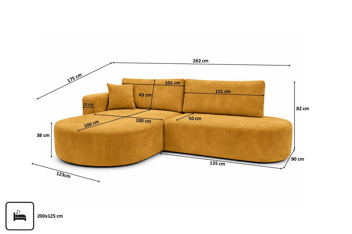 ECKSOFA Mit Schlaffunktion Und Bettkasten, Cordstoff Poso, Senffarbe, Links, ROUND ONE OPEN XL - Gelb, Holz (262/175cm) - Kaiser Möbel
