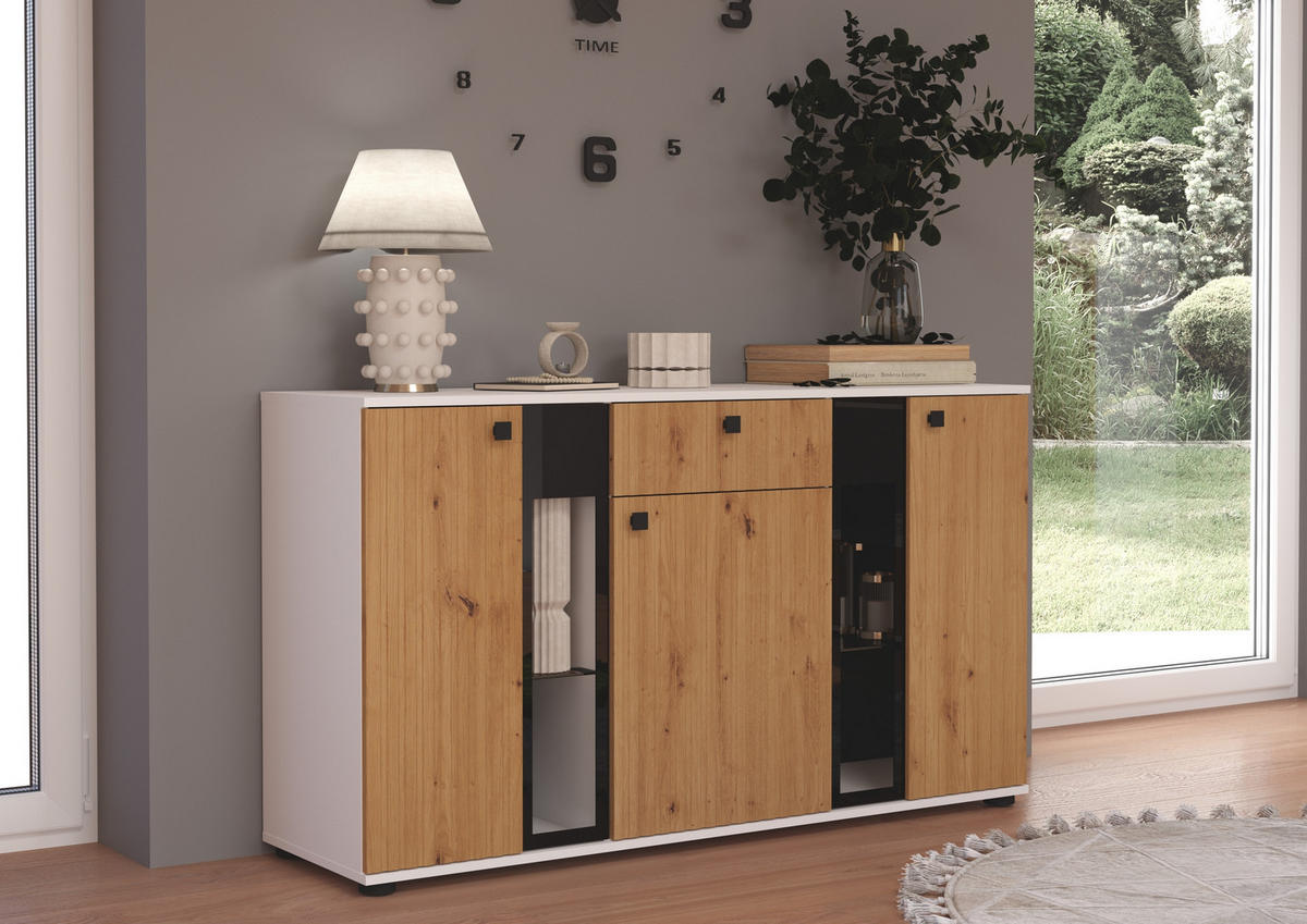 SIDEBOARD Formilo Weiß, Artisan Eiche 140,4/80/40,2 cm – Kommode mit Rillen - Hellbraun/Weiß, Holzwerkstoff/Kunststoff (140/80/40cm) - AX Living