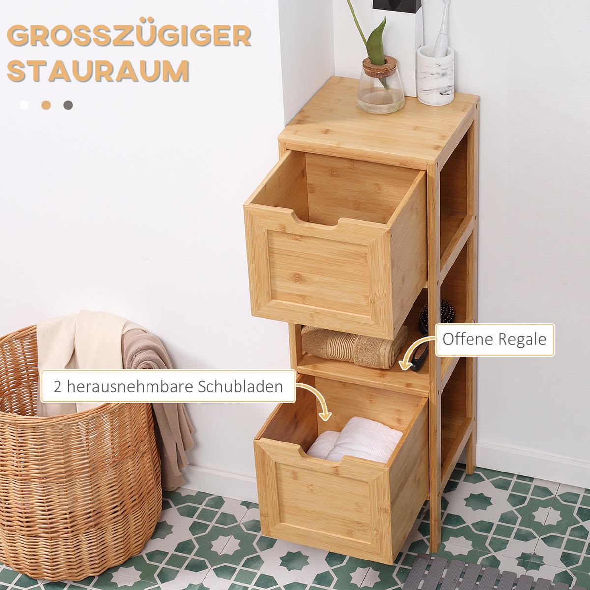 BADEZIMMERSCHRANK, Badschrank aus Bambus, Aufbewahrungsschrank, 30 x 30 x 90 cm - Naturfarben, Holz (30/90/30cm) - Kleankin