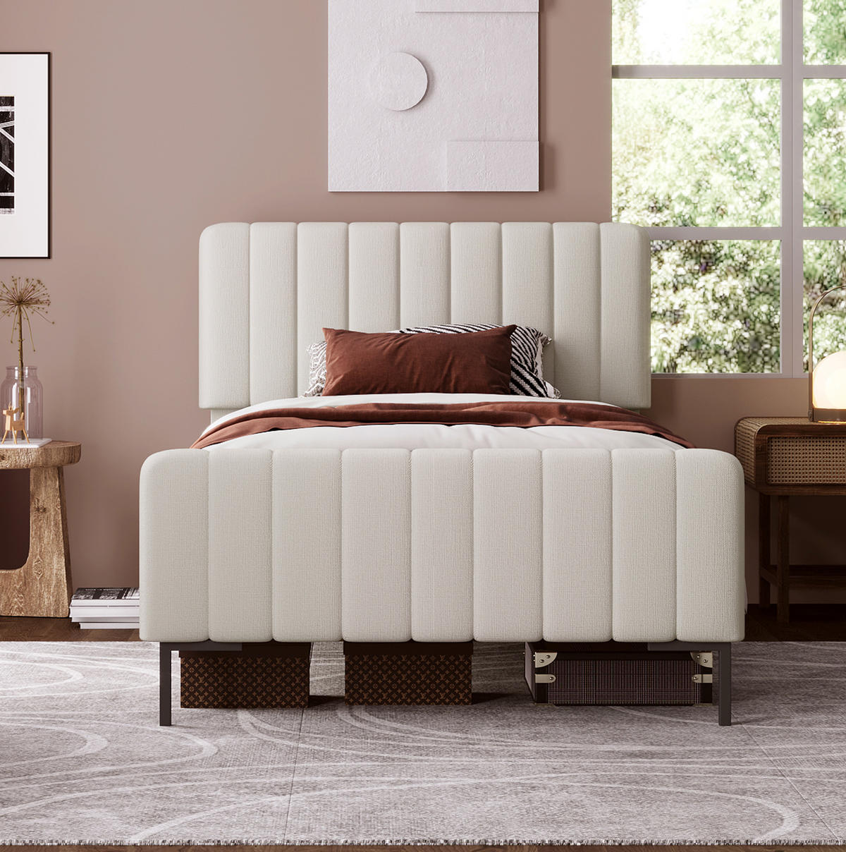 BETT mit verstellbarem Kopfteil 90x200 cm Leinen Grau-Beige - Grau, Metall (90/200cm) - Meubliv