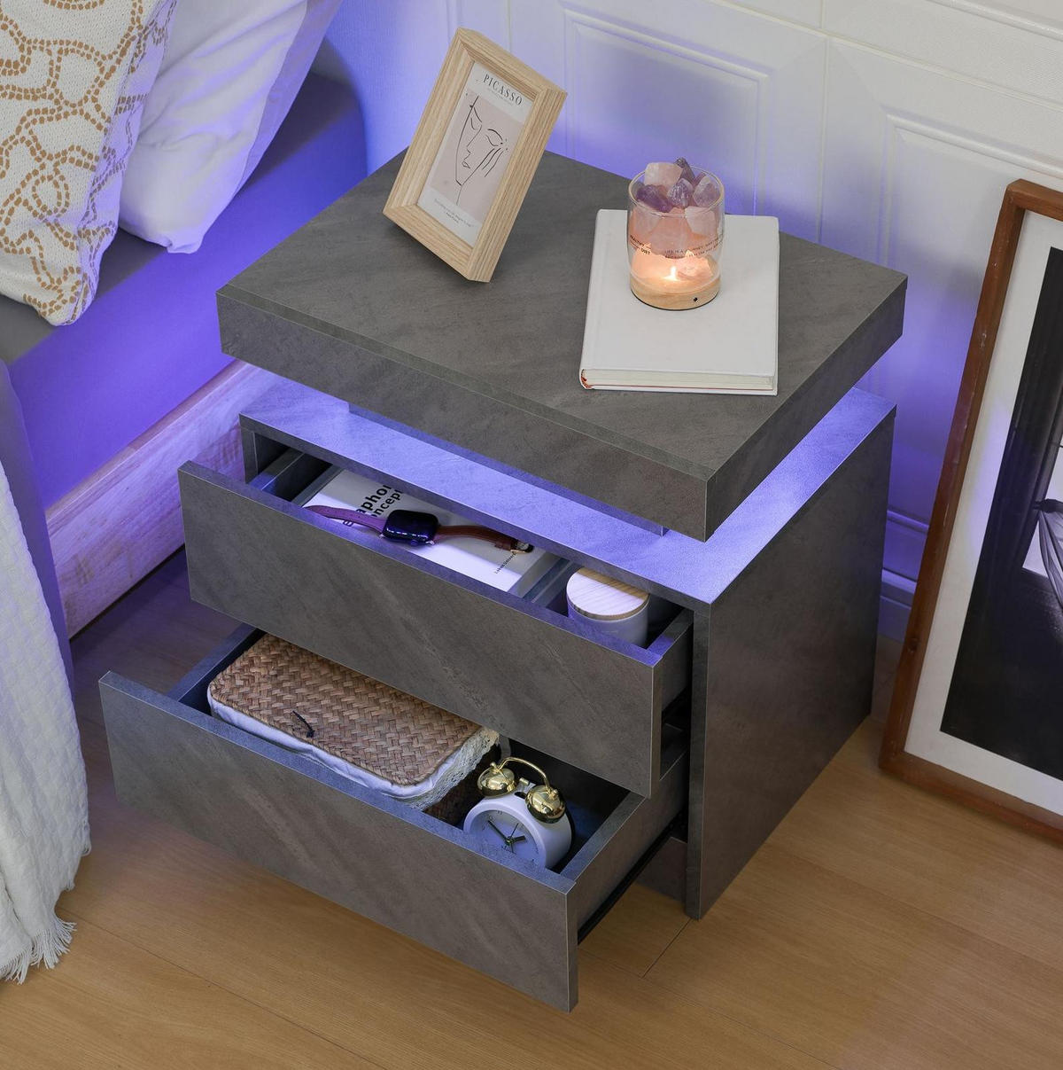 NACHTTISCH 50/53/36 cm mit LED-Beleuchtung in Dunkelgrau – mit 2 Schubladen & offenem Fach - Grau, Holzwerkstoff (53/36/50cm) - BEAOK
